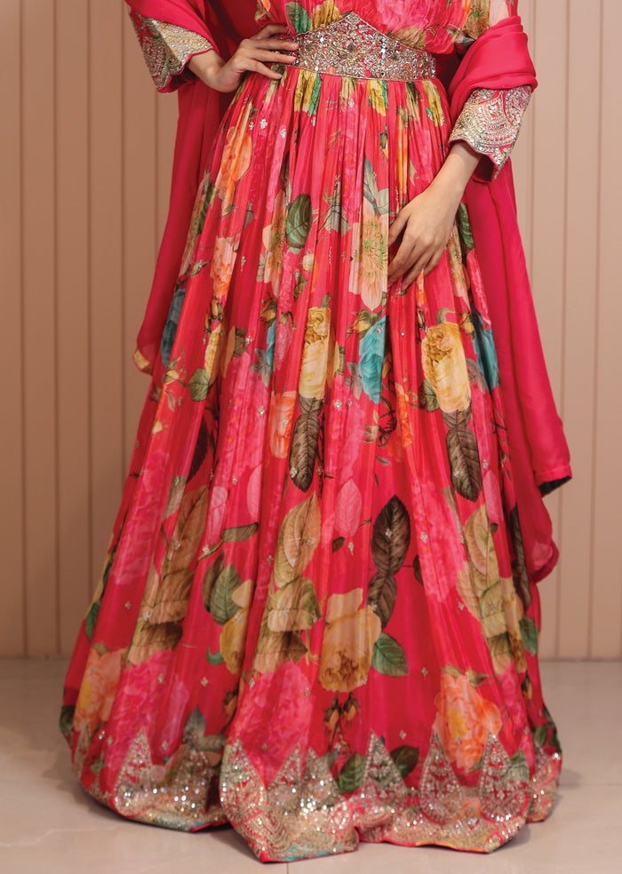Appealing Pink Embroidered Chinnon Silk Anarkali Gown