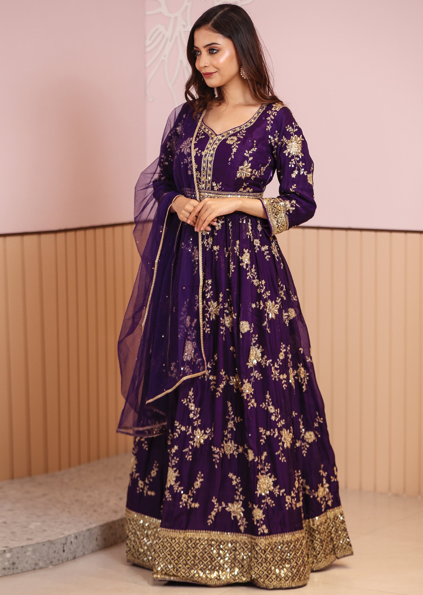 Purple Organza Embroidered Anarkali