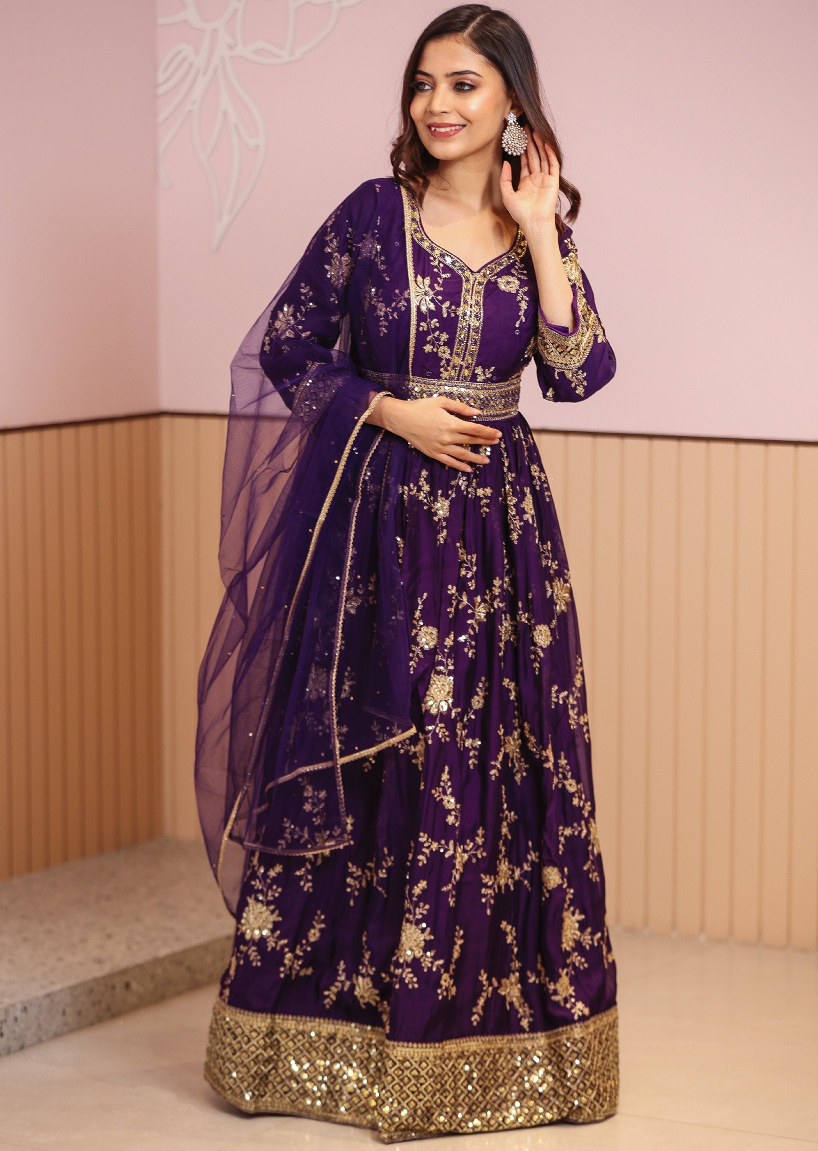 Purple Organza Embroidered Anarkali