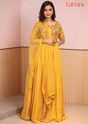 Yellow Silk & Chinnon Embroidered Anarkali