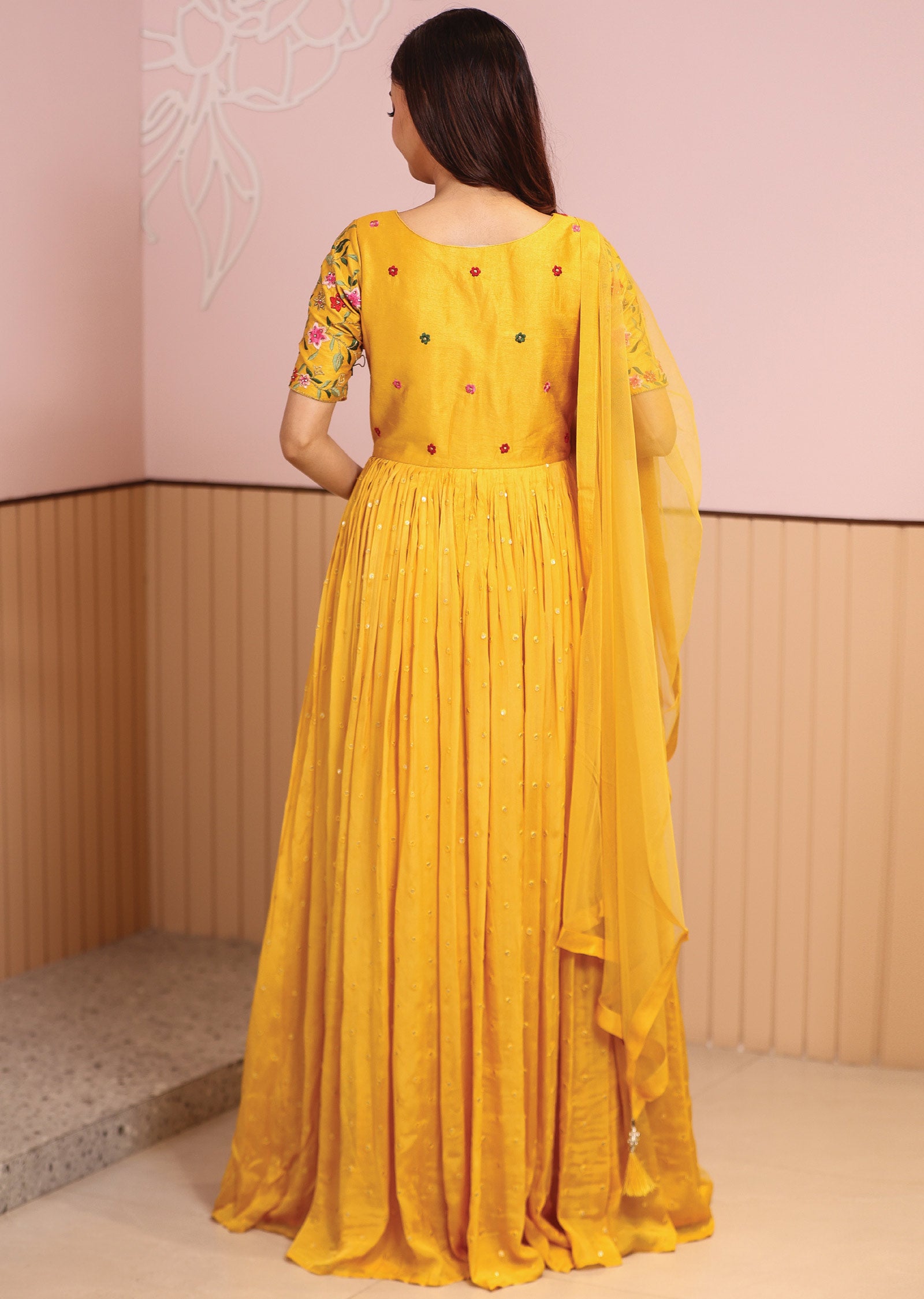 Yellow Silk & Chinnon Embroidered Anarkali