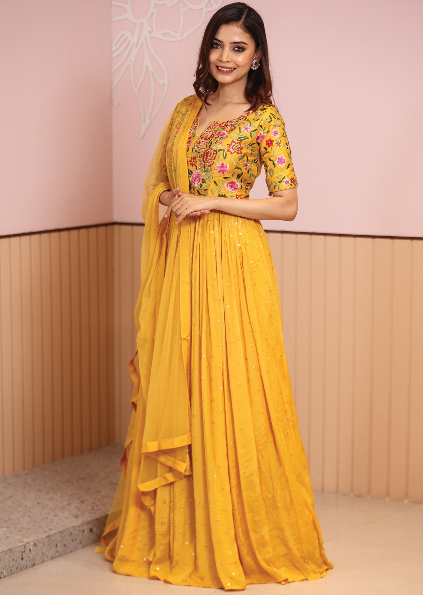 Yellow Silk & Chinnon Embroidered Anarkali