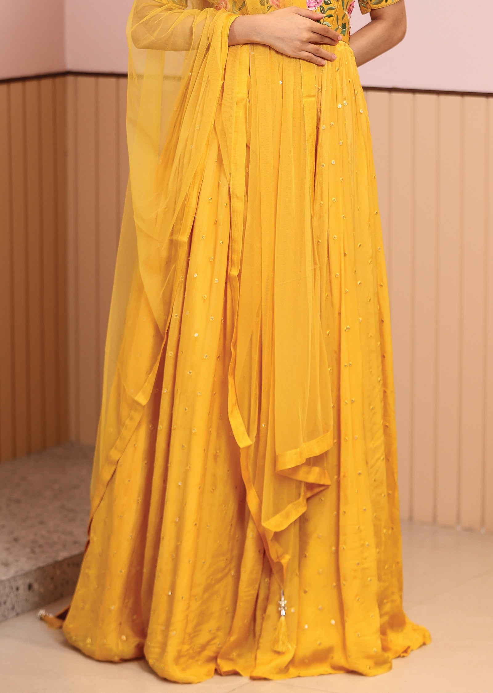 Yellow Silk & Chinnon Embroidered Anarkali