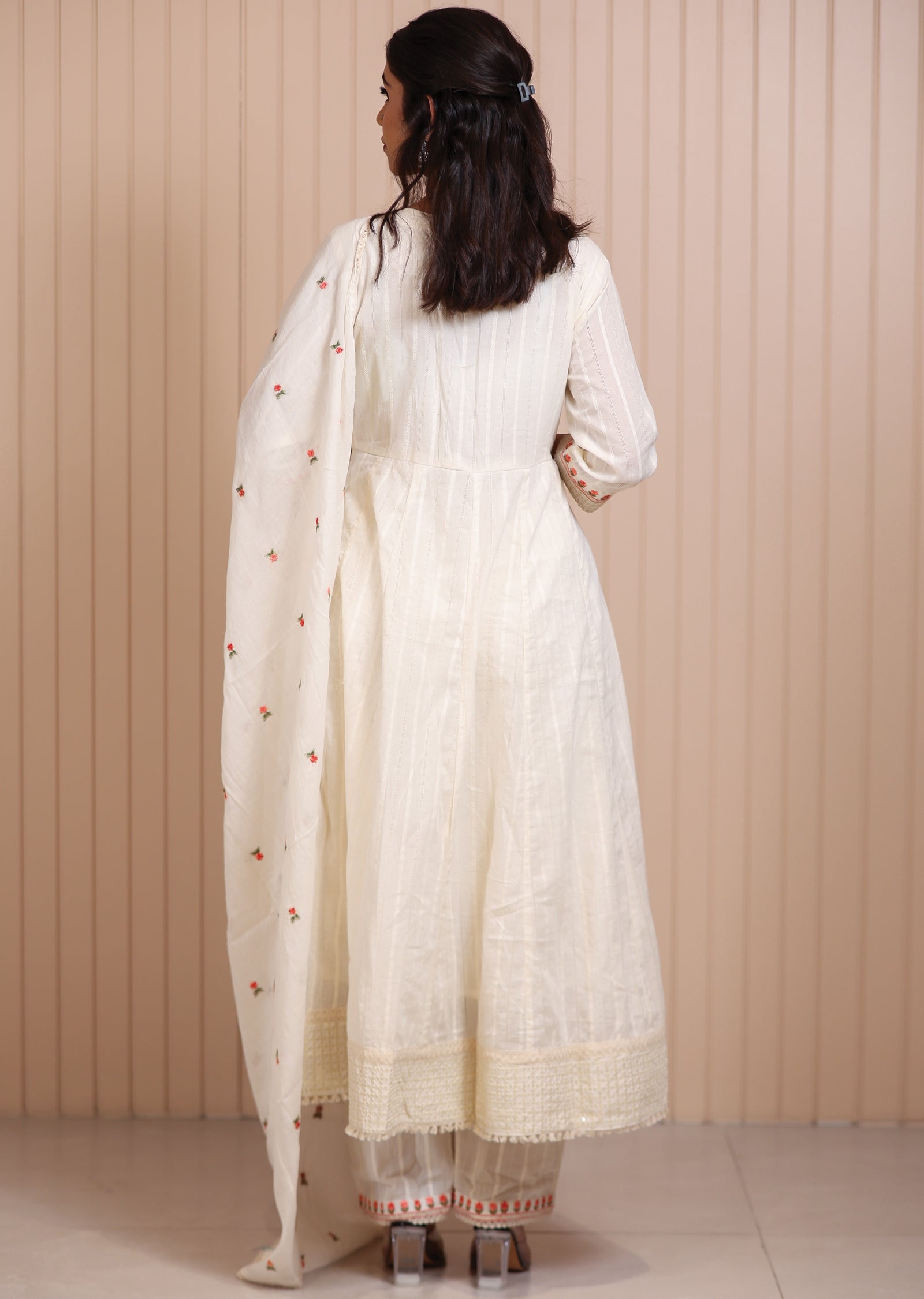 Off White Cotton Resham & Sequence Work Anarkali