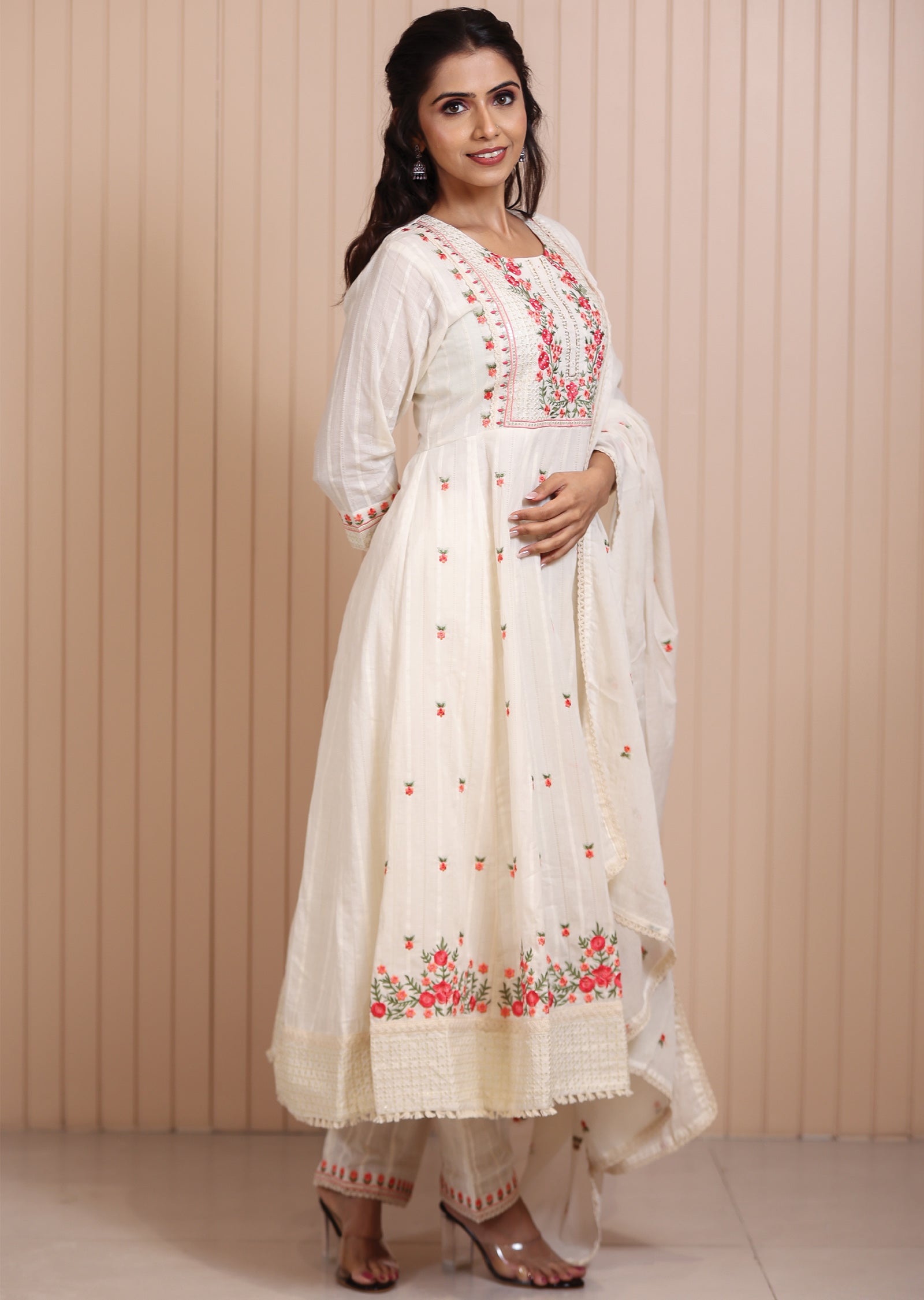 Off White Cotton Resham & Sequence Work Anarkali