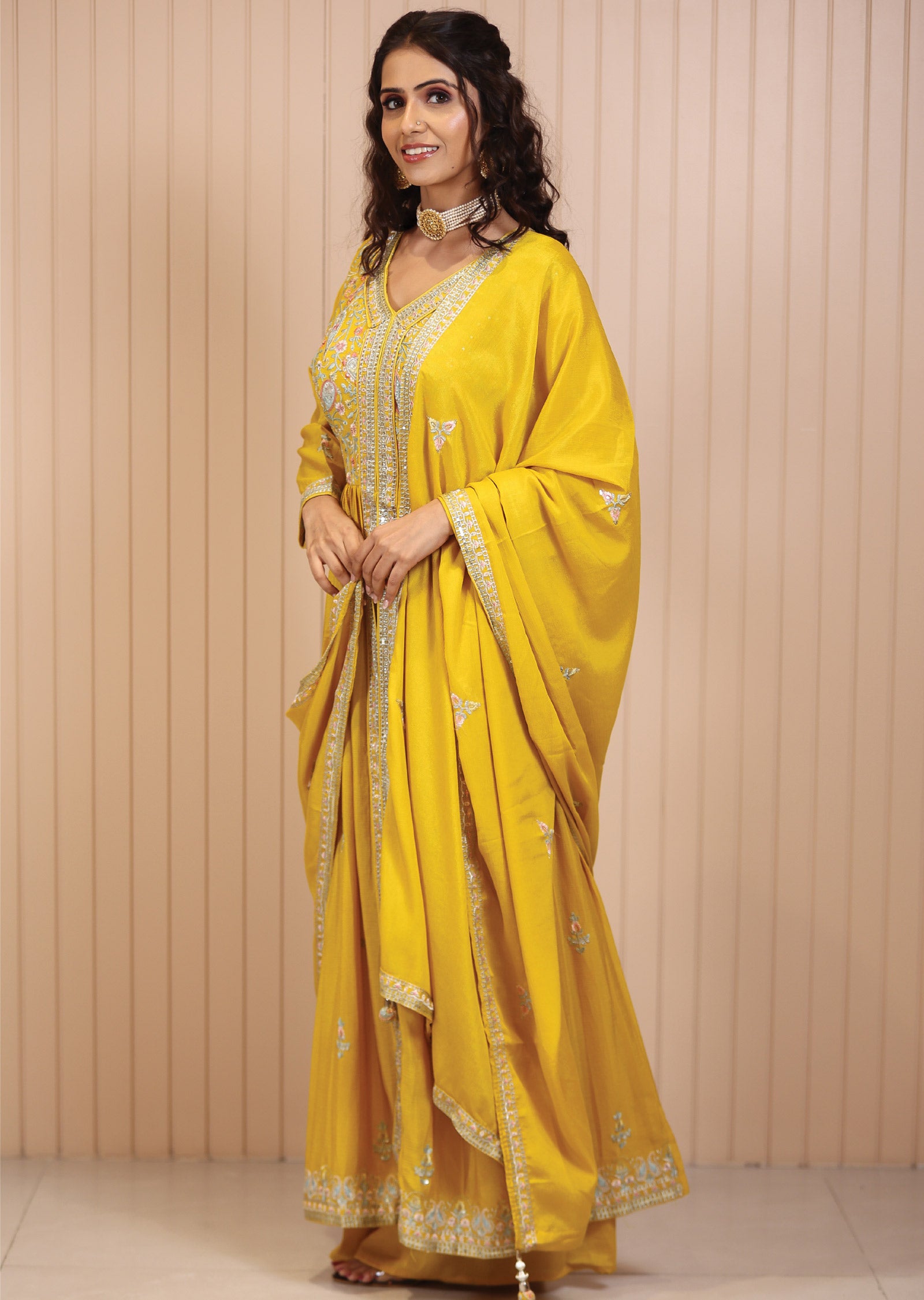 Mustard Chinnon Resham & Sequence Work Anarkali