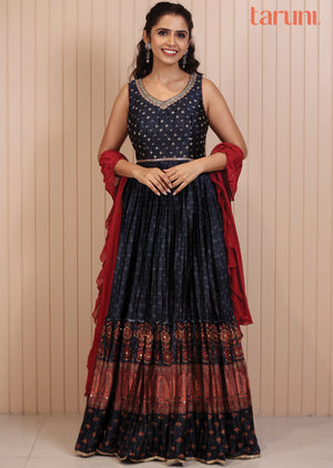 Charcoal Grey Satin Printed Anarkali