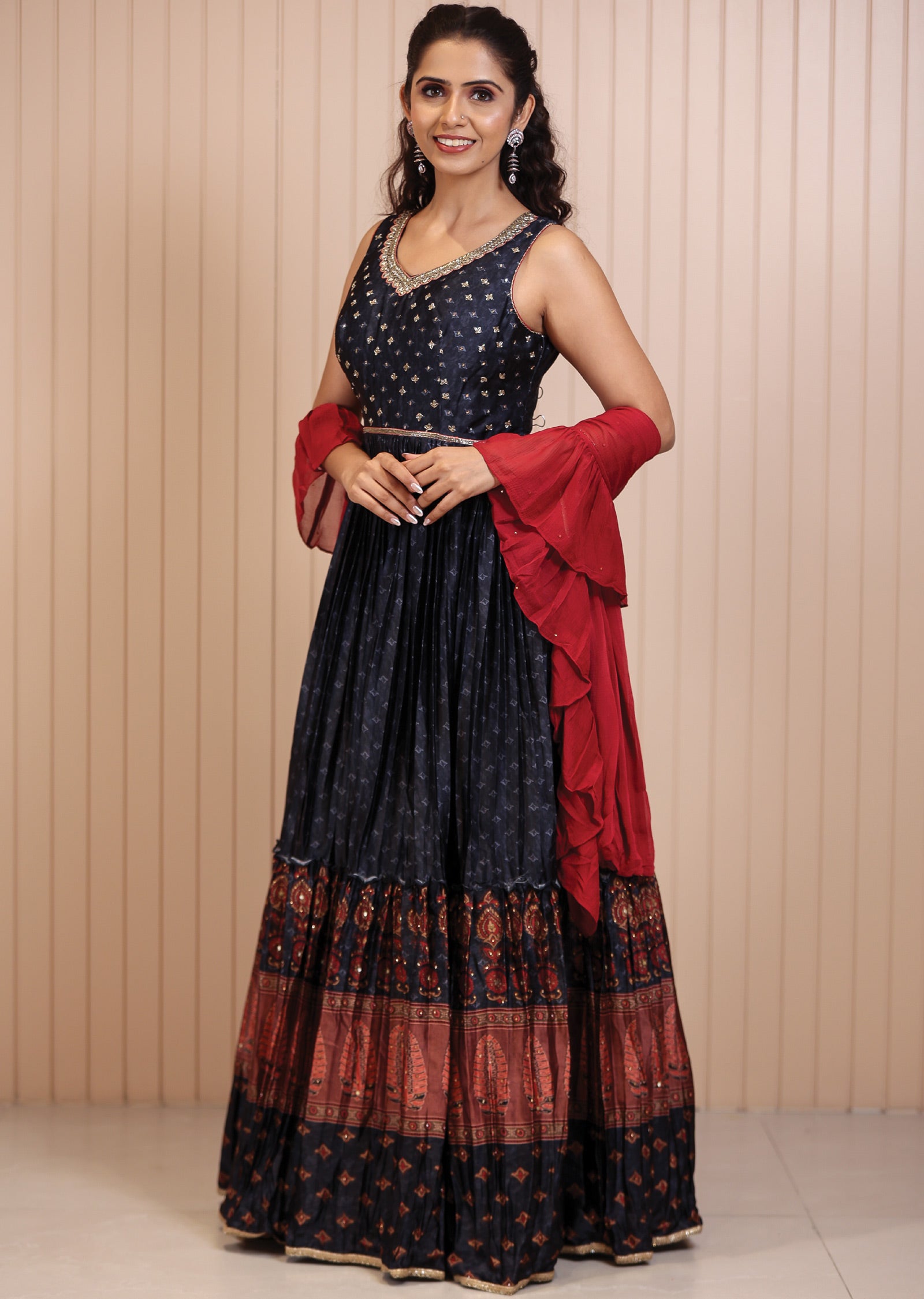 Charcoal Grey Satin Printed Anarkali