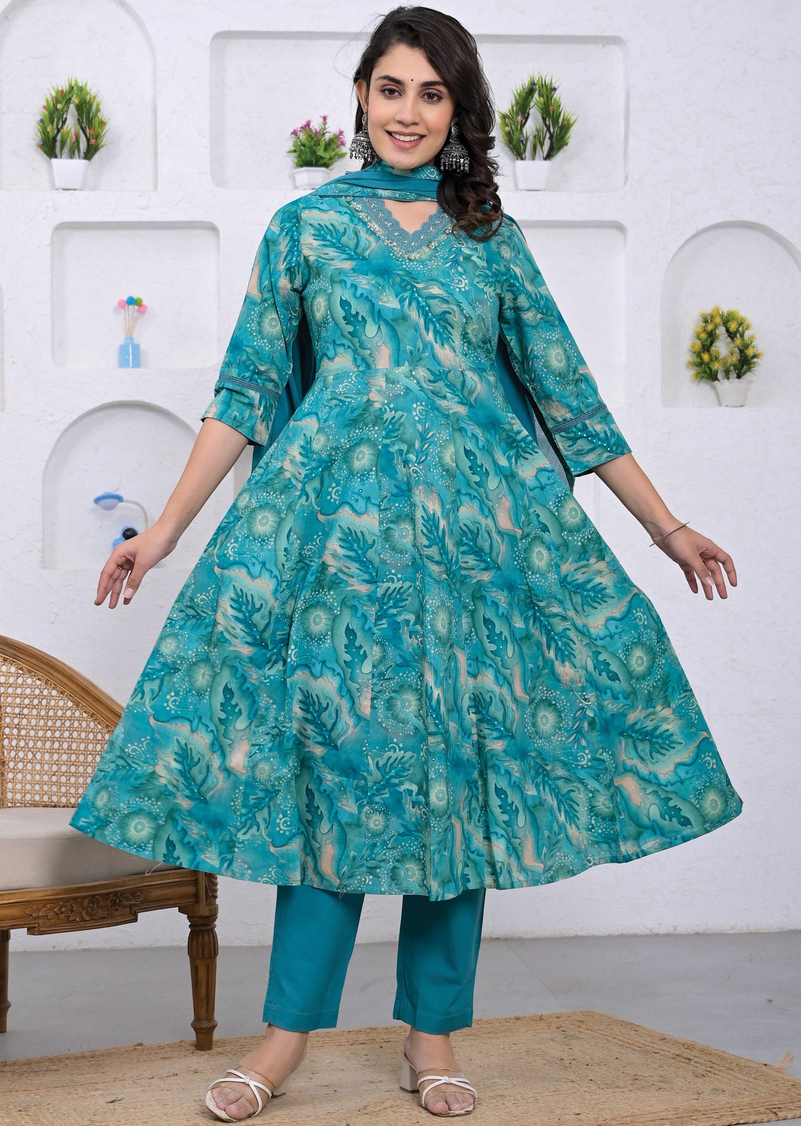 Sea Green Cotton Anarkali