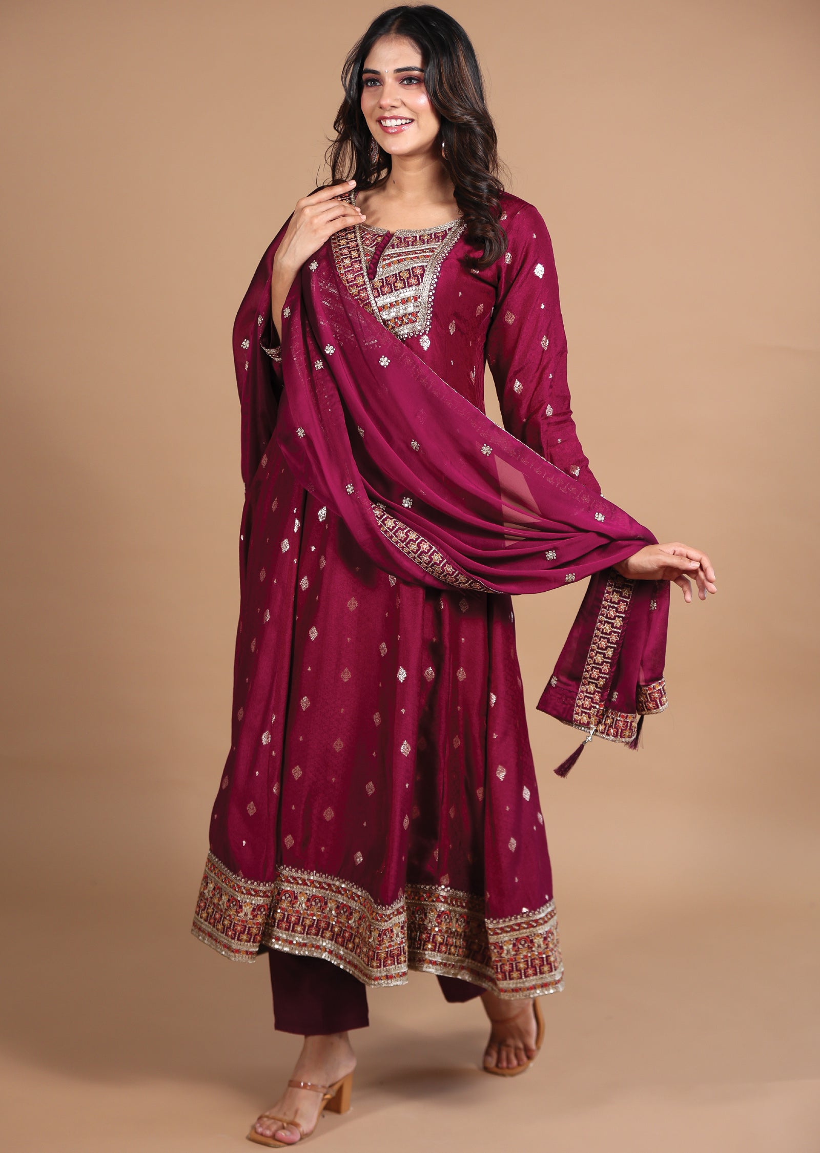 Magenta Banaras Silk Anarkali