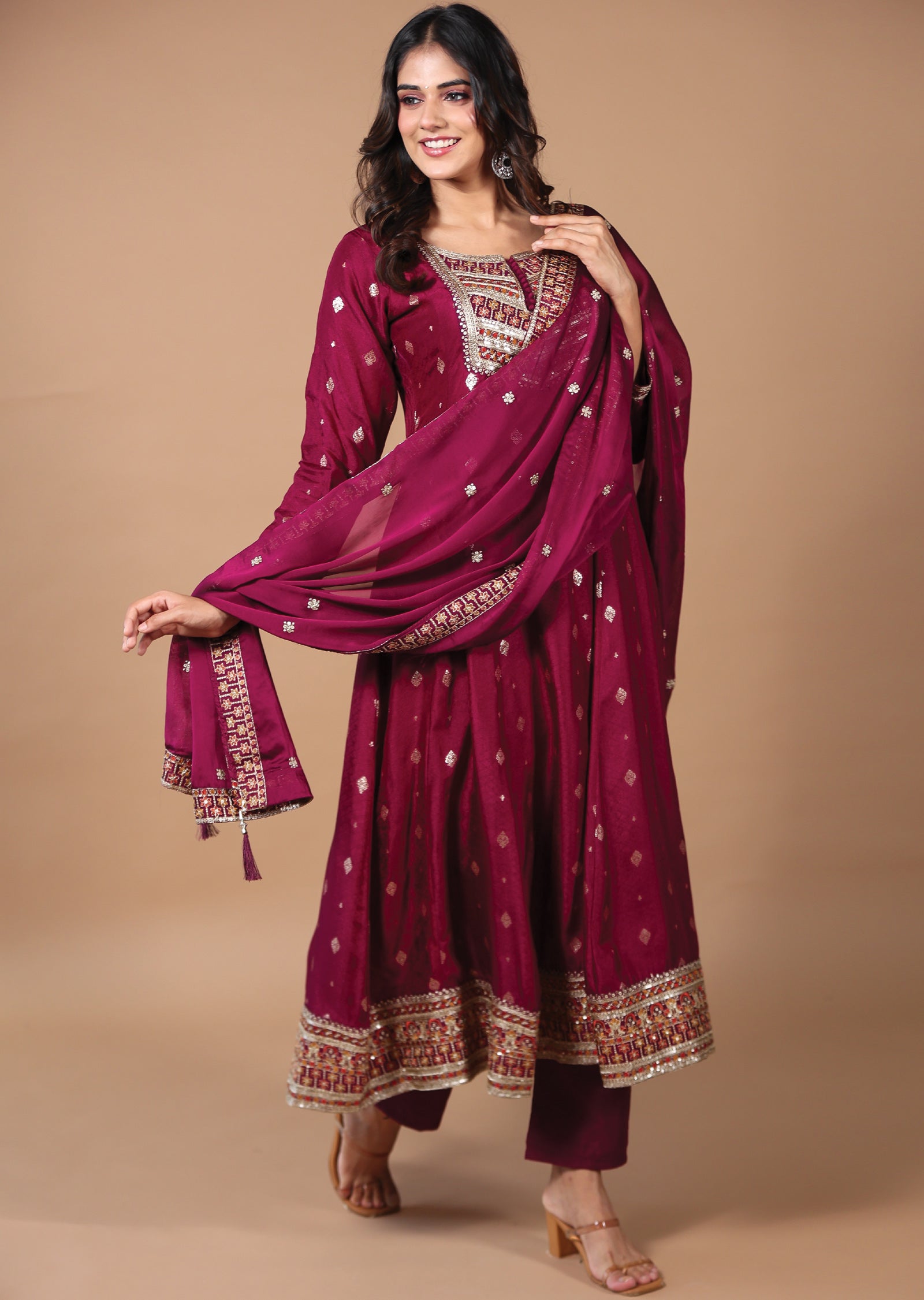 Magenta Banaras Silk Anarkali