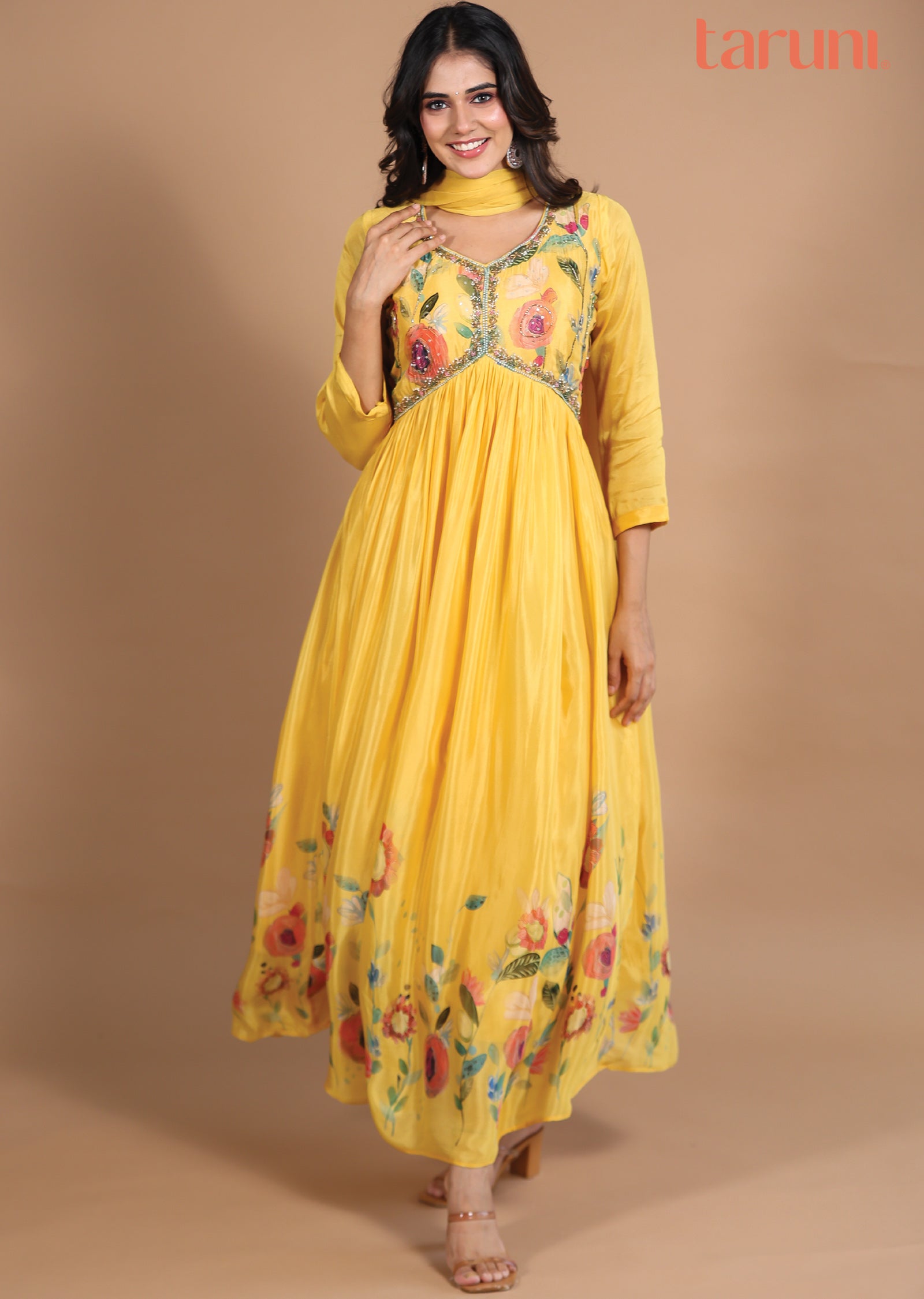 Yellow Chinnon Alia cut Anarkali