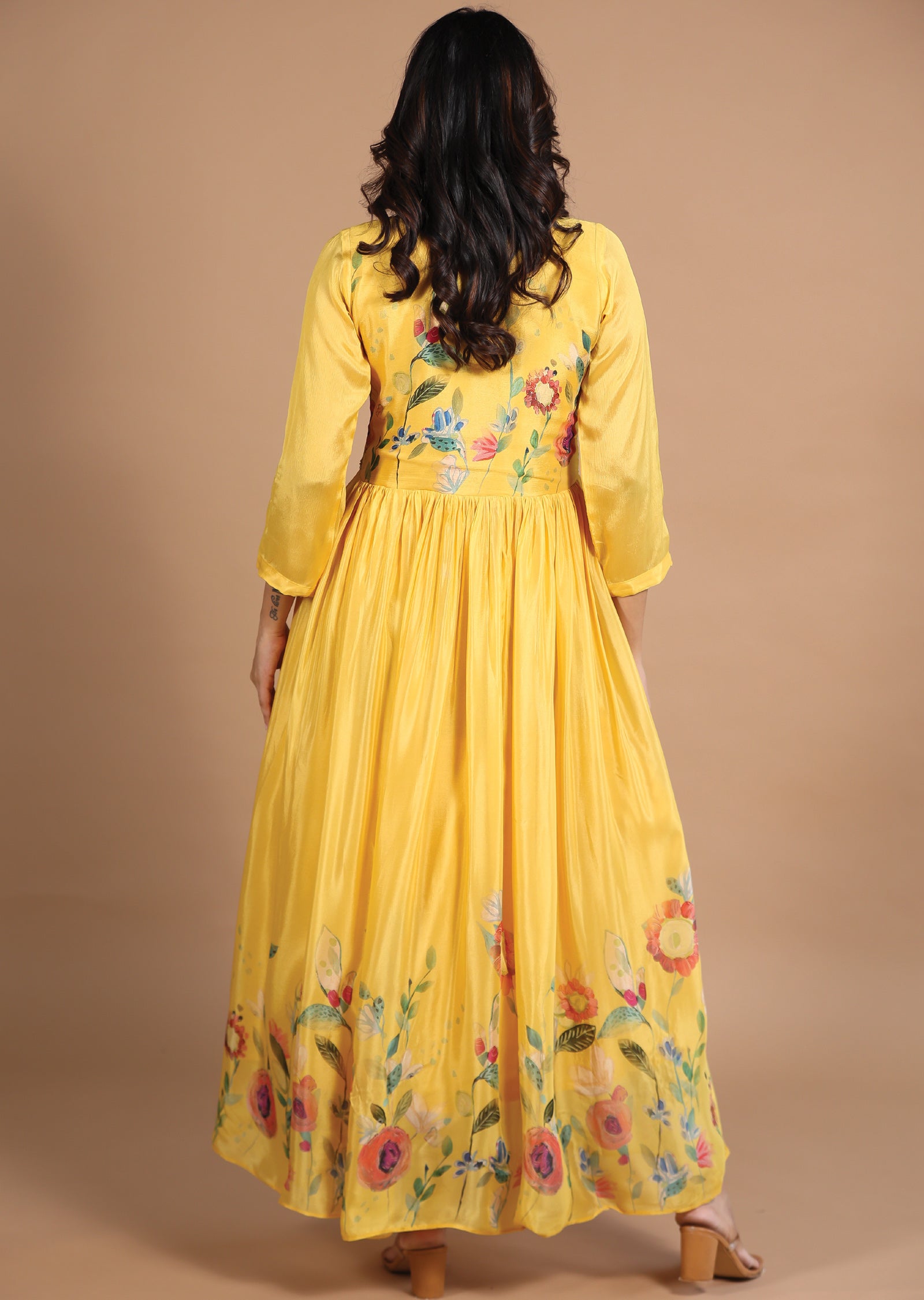 Yellow Chinnon Alia cut Anarkali