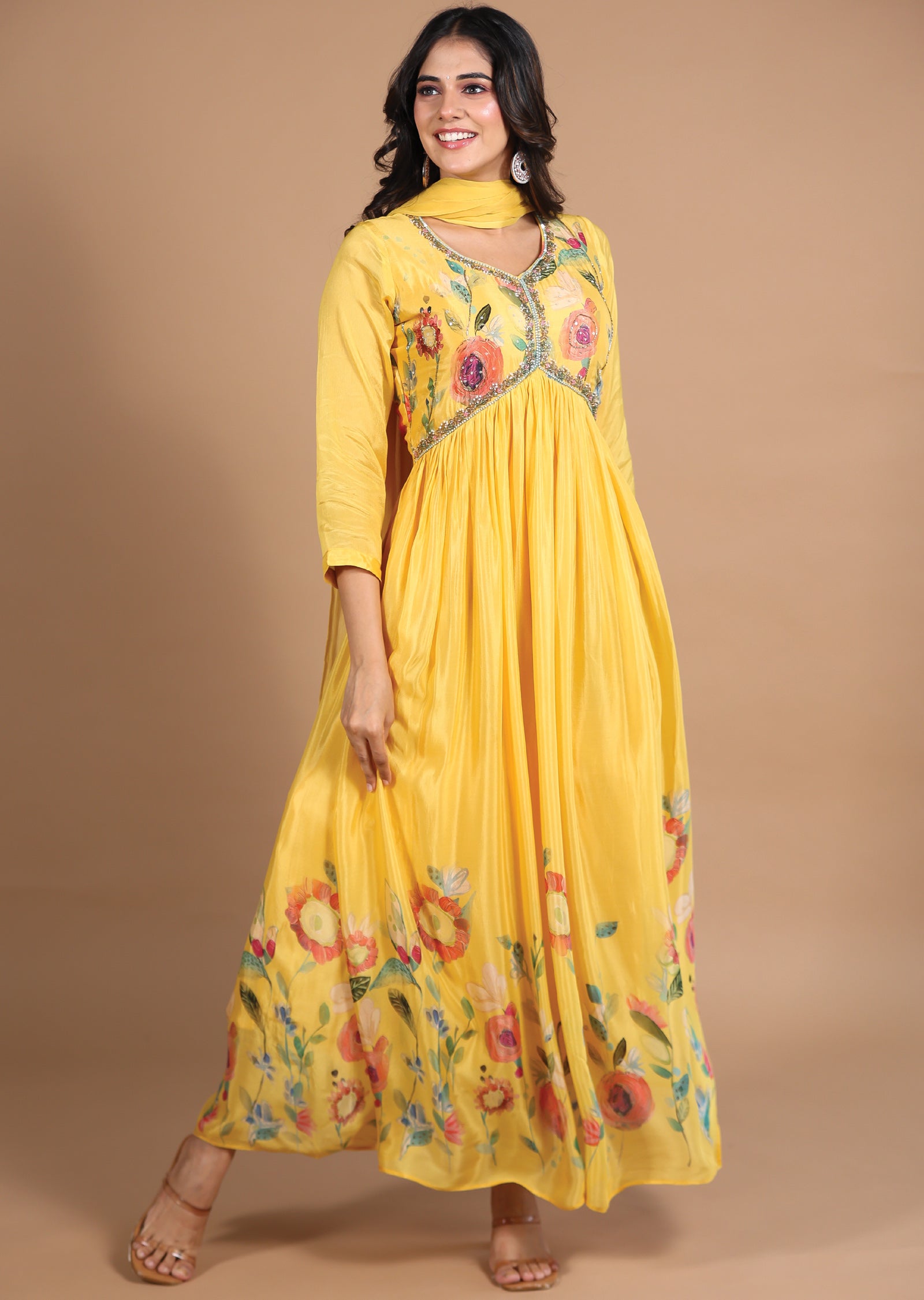 Yellow Chinnon Alia cut Anarkali