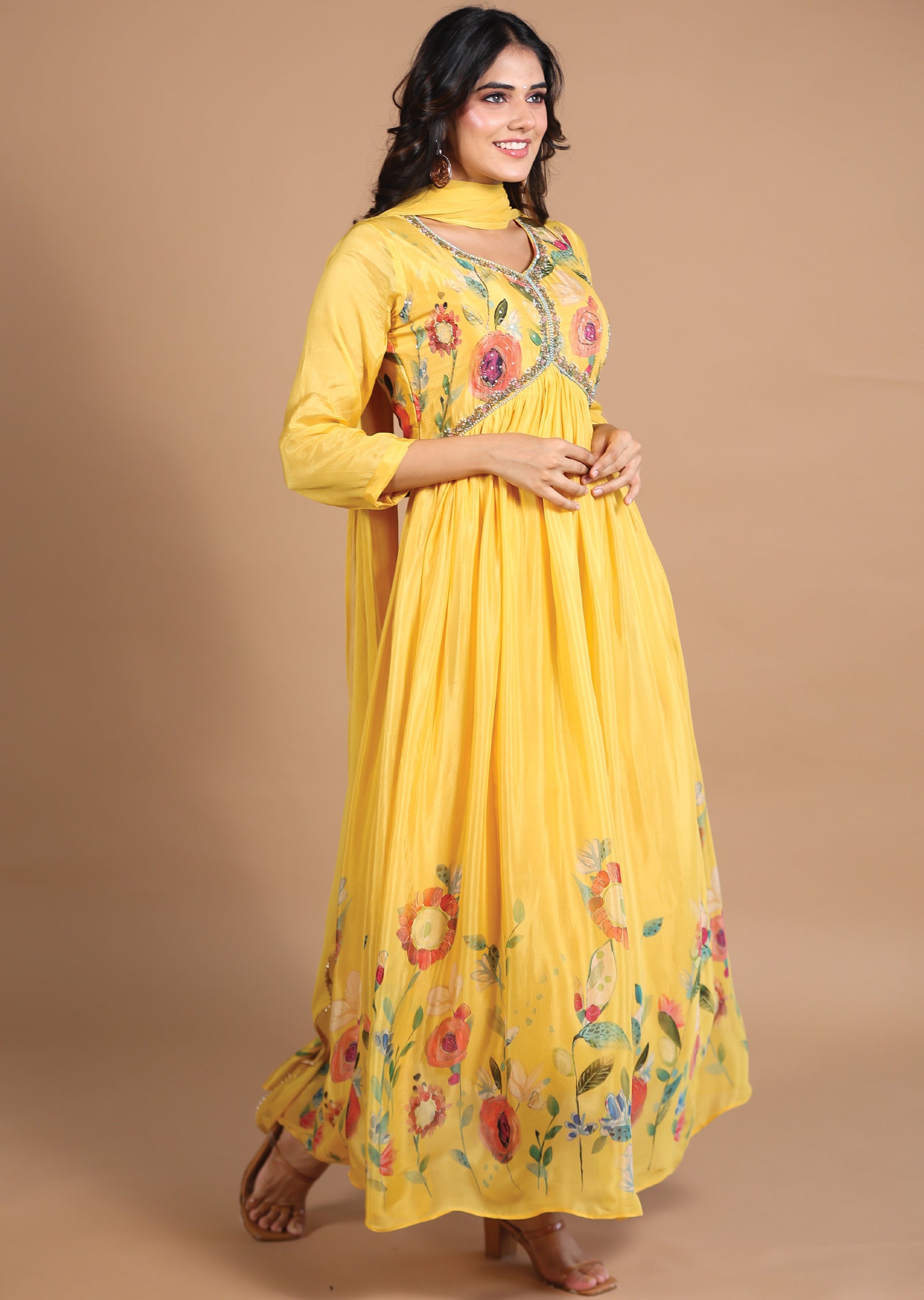 Yellow Chinnon Alia cut Anarkali