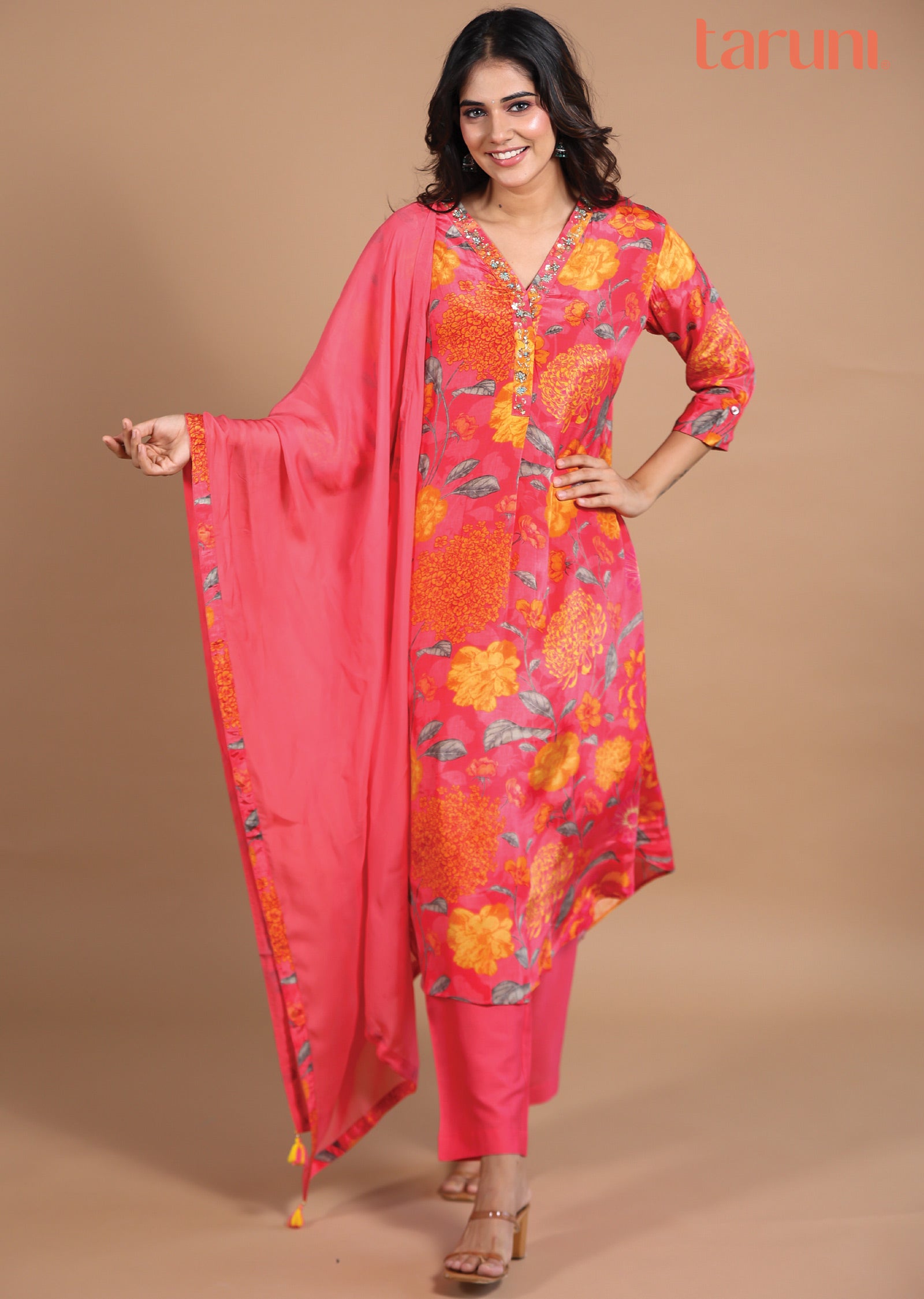 Coral Pink Crepe Anarkali