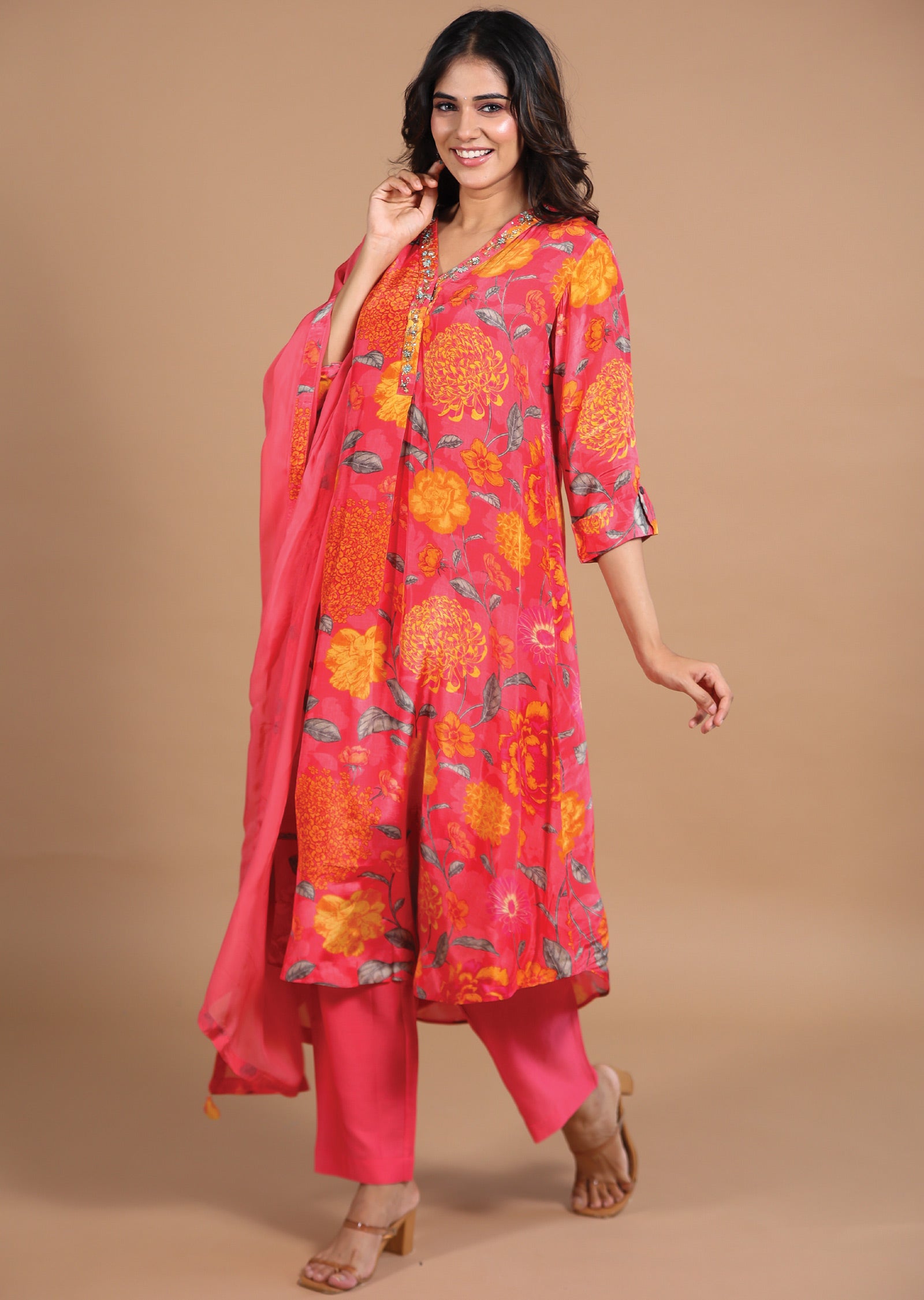 Coral Pink Crepe Anarkali