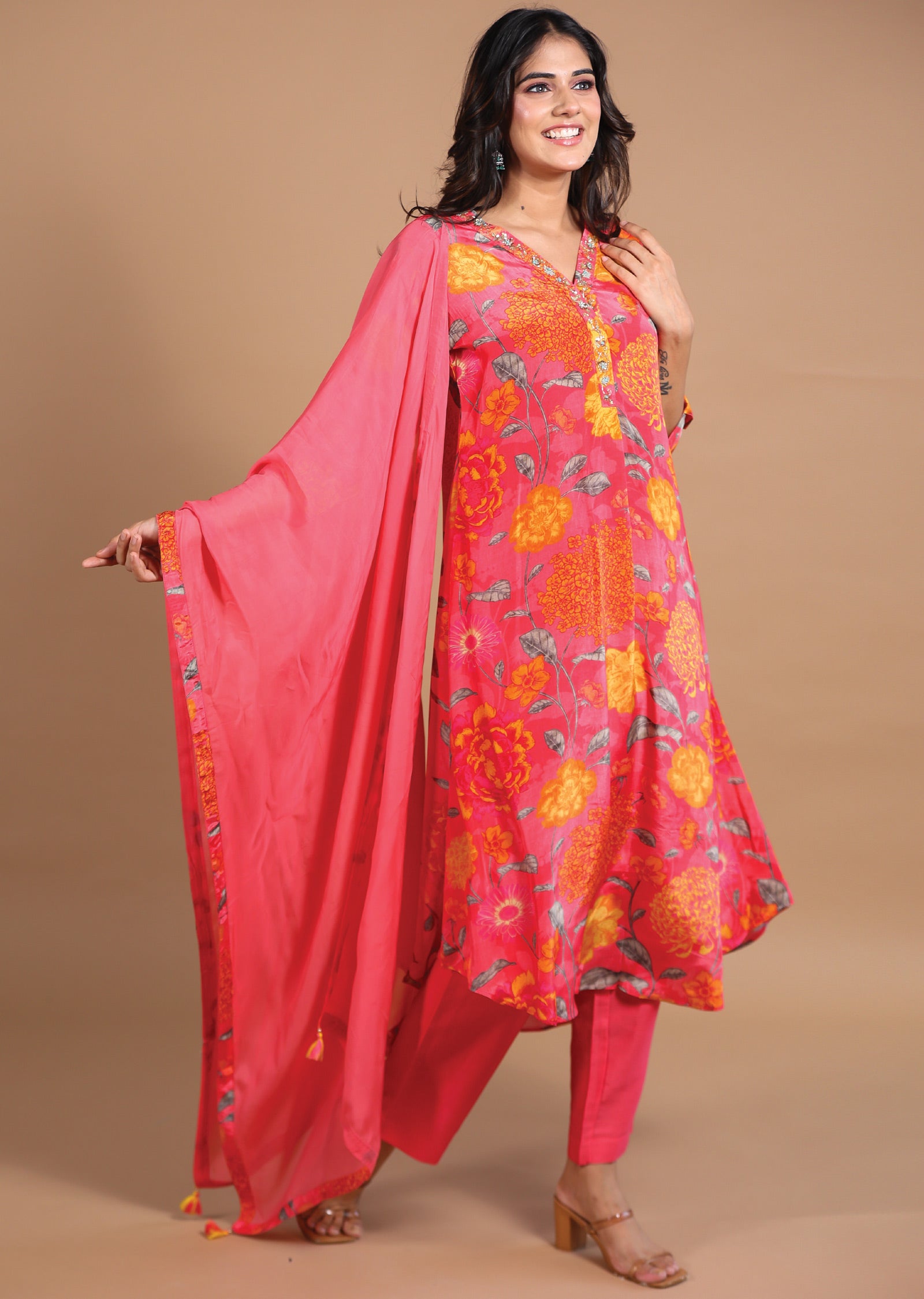 Coral Pink Crepe Anarkali