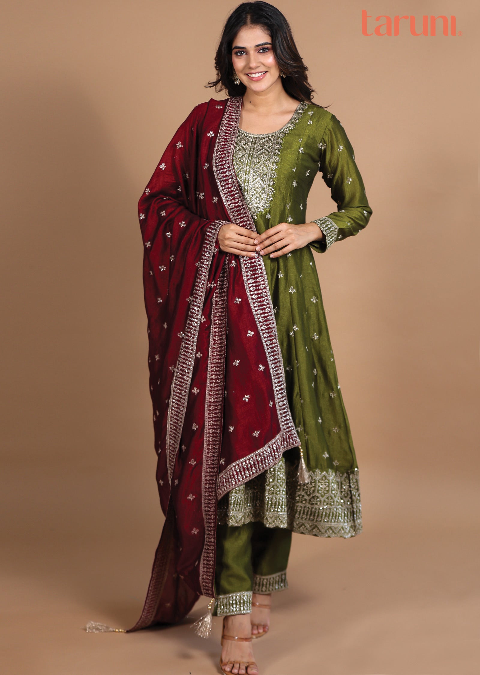 Olive Green Silk Anarkali