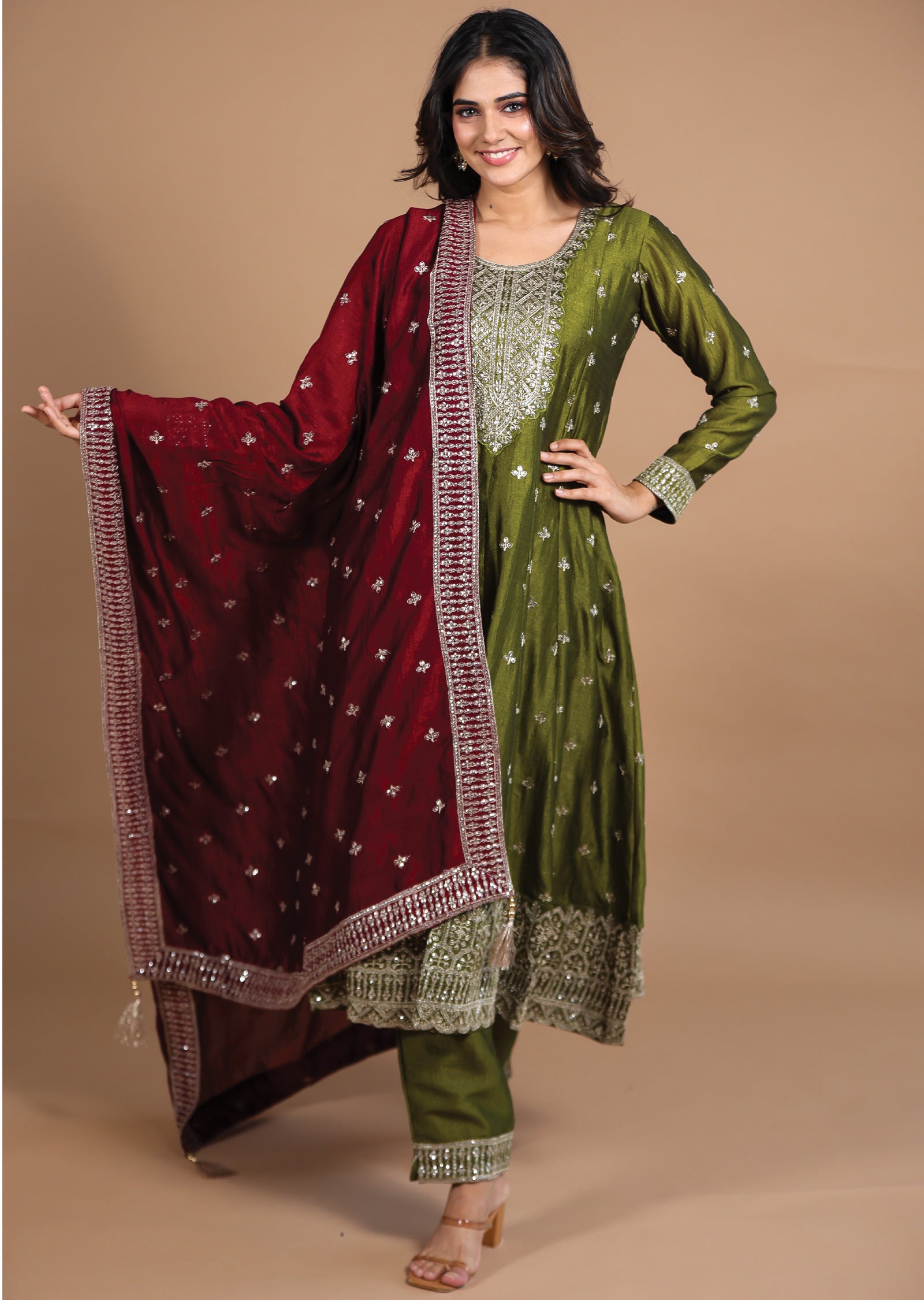 Olive Green Silk Anarkali