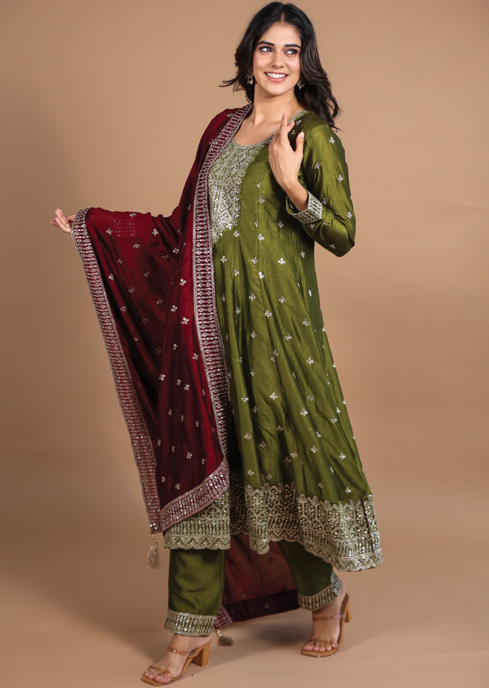 Olive Green Silk Anarkali