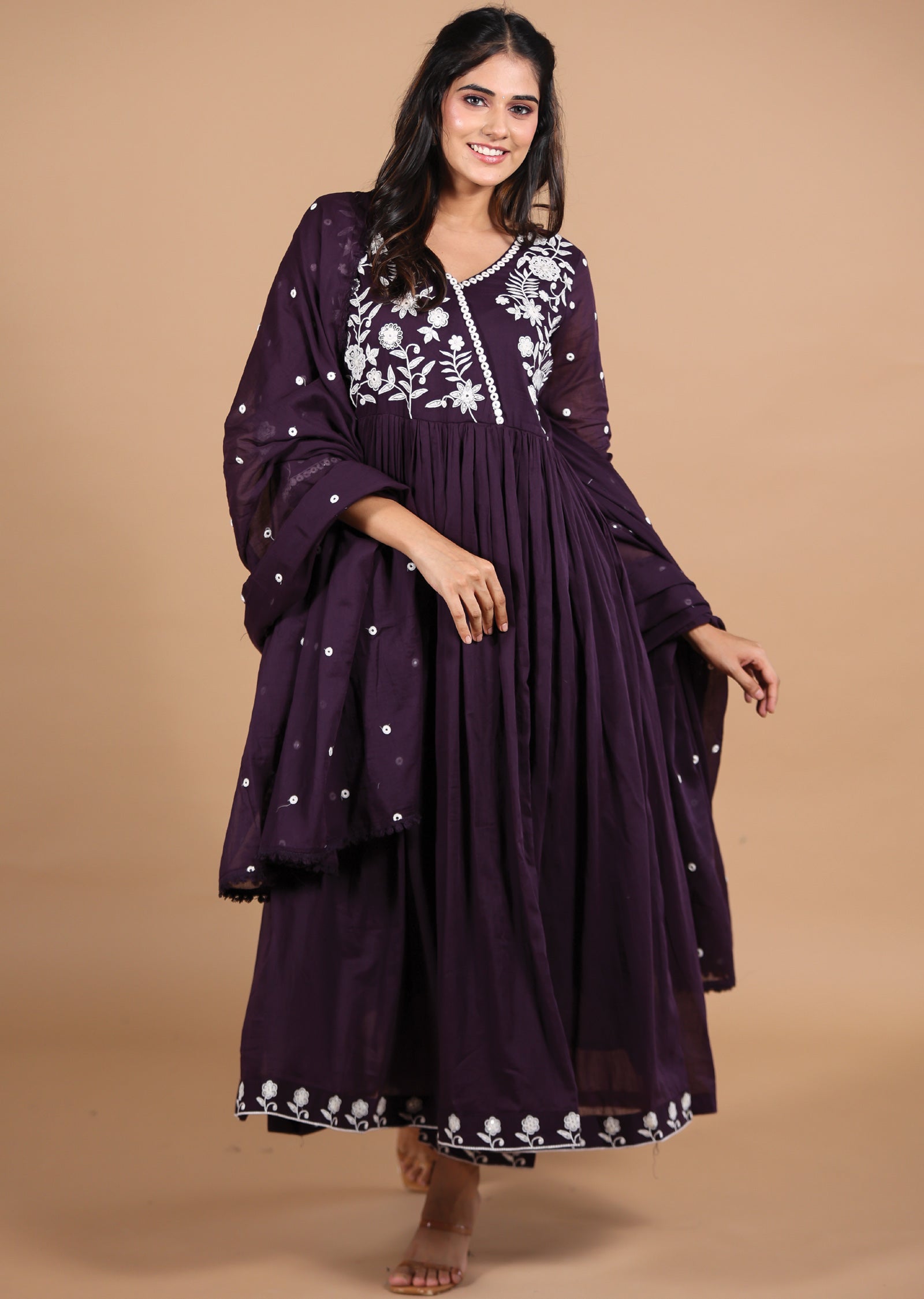 Wine Cotton Anarkali