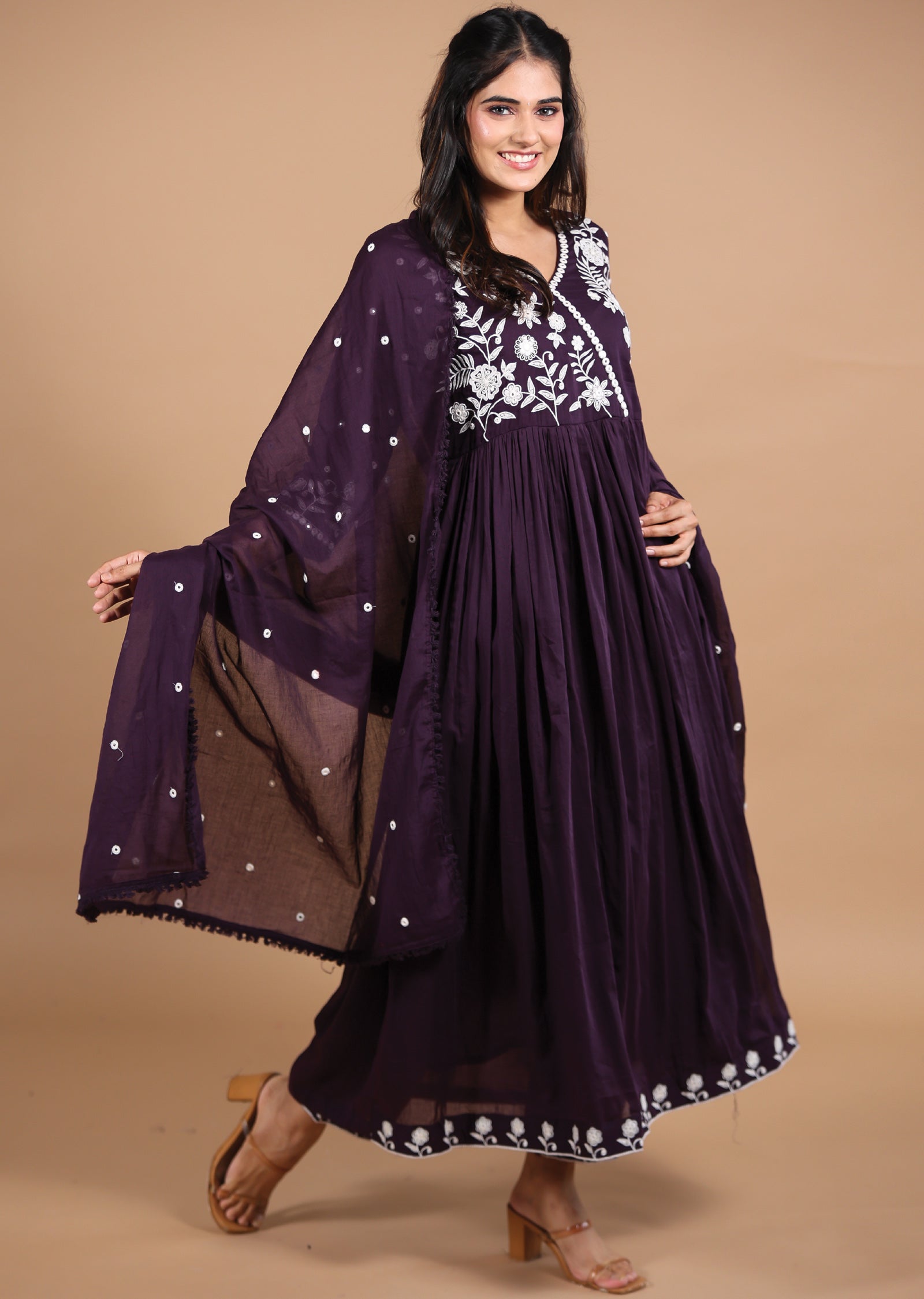 Wine Cotton Anarkali