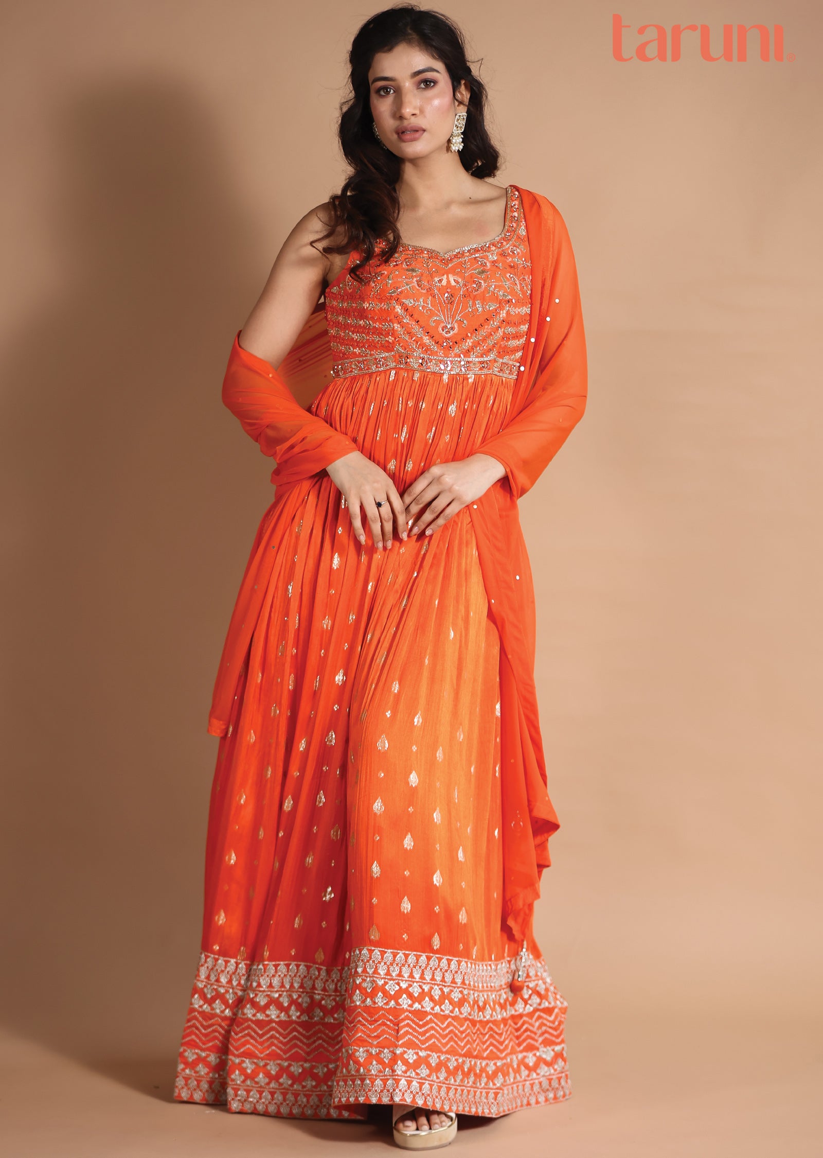 Orange Banaras Silk Anarkali