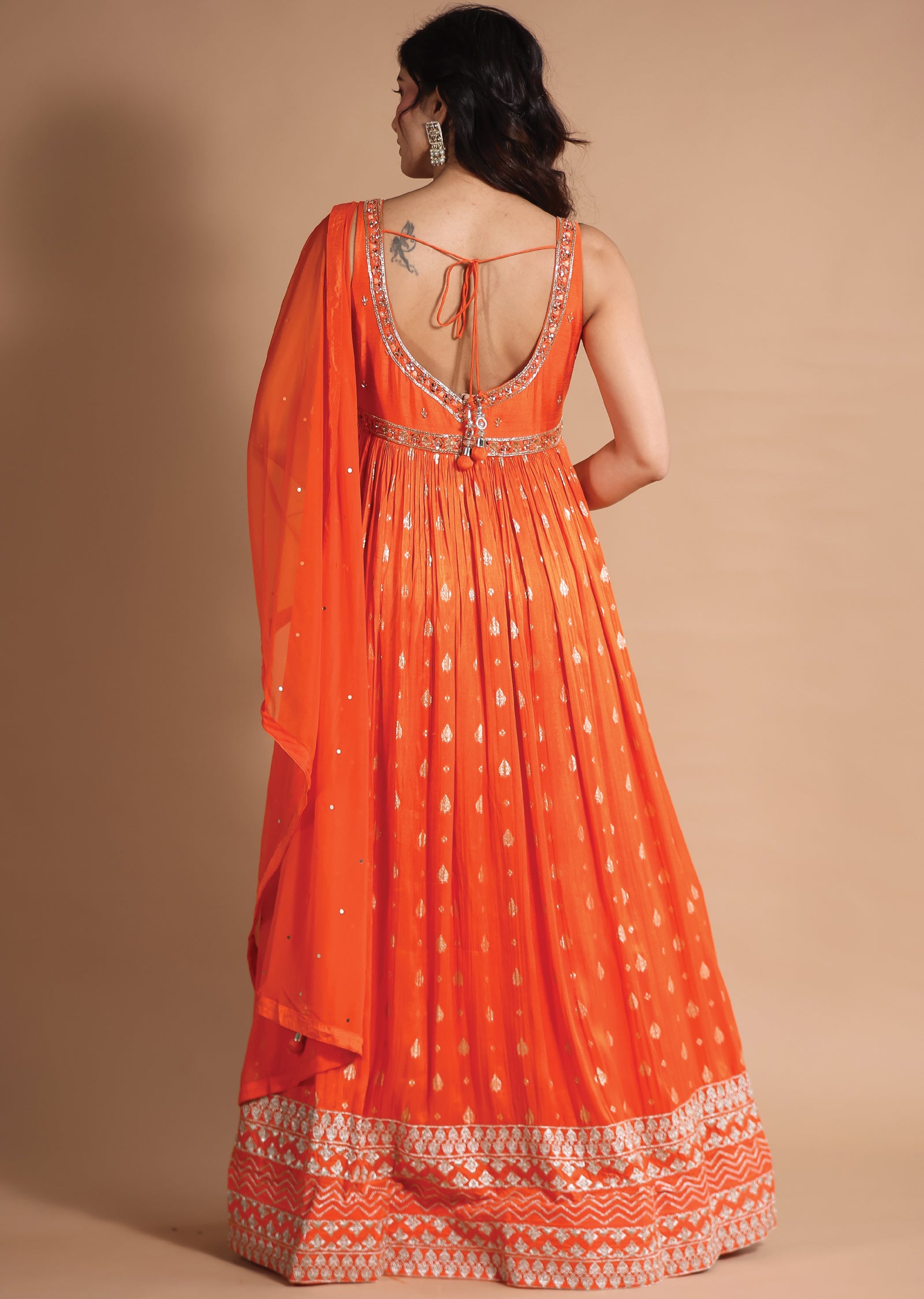 open lace back dress Orange Banaras Silk Anarkali open lace back dress Orange Banaras Silk Anarkali