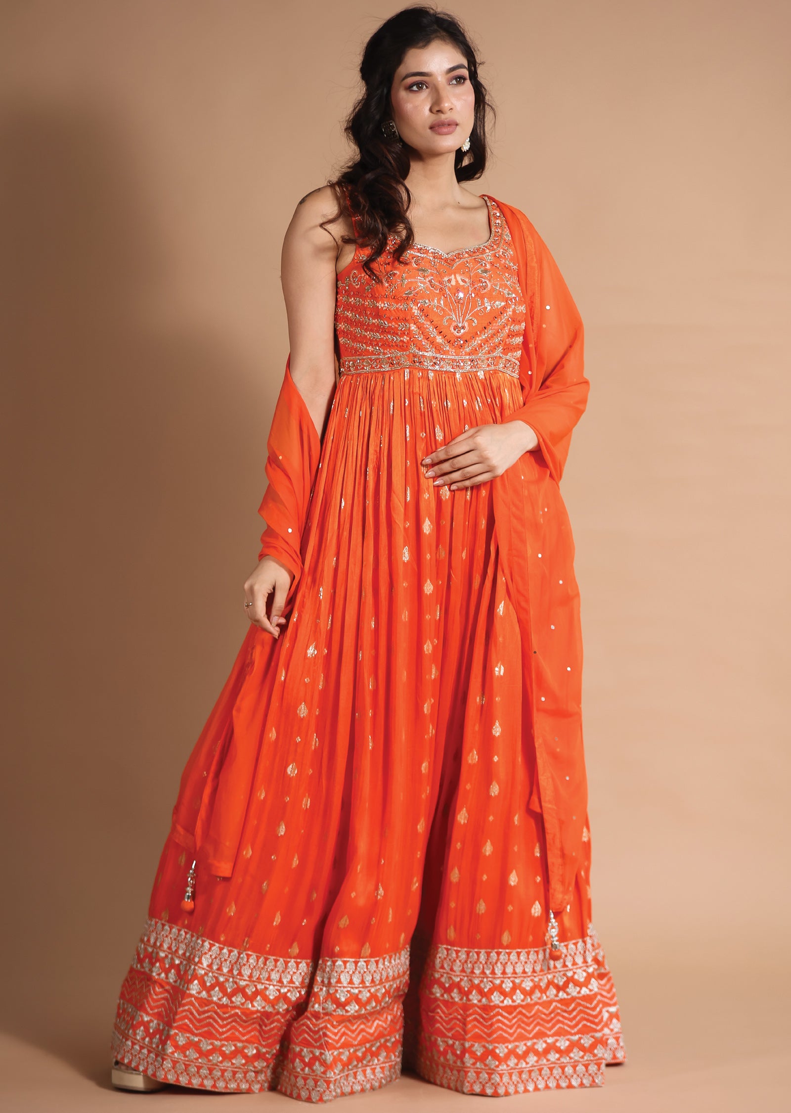 Orange Banaras Silk Anarkali