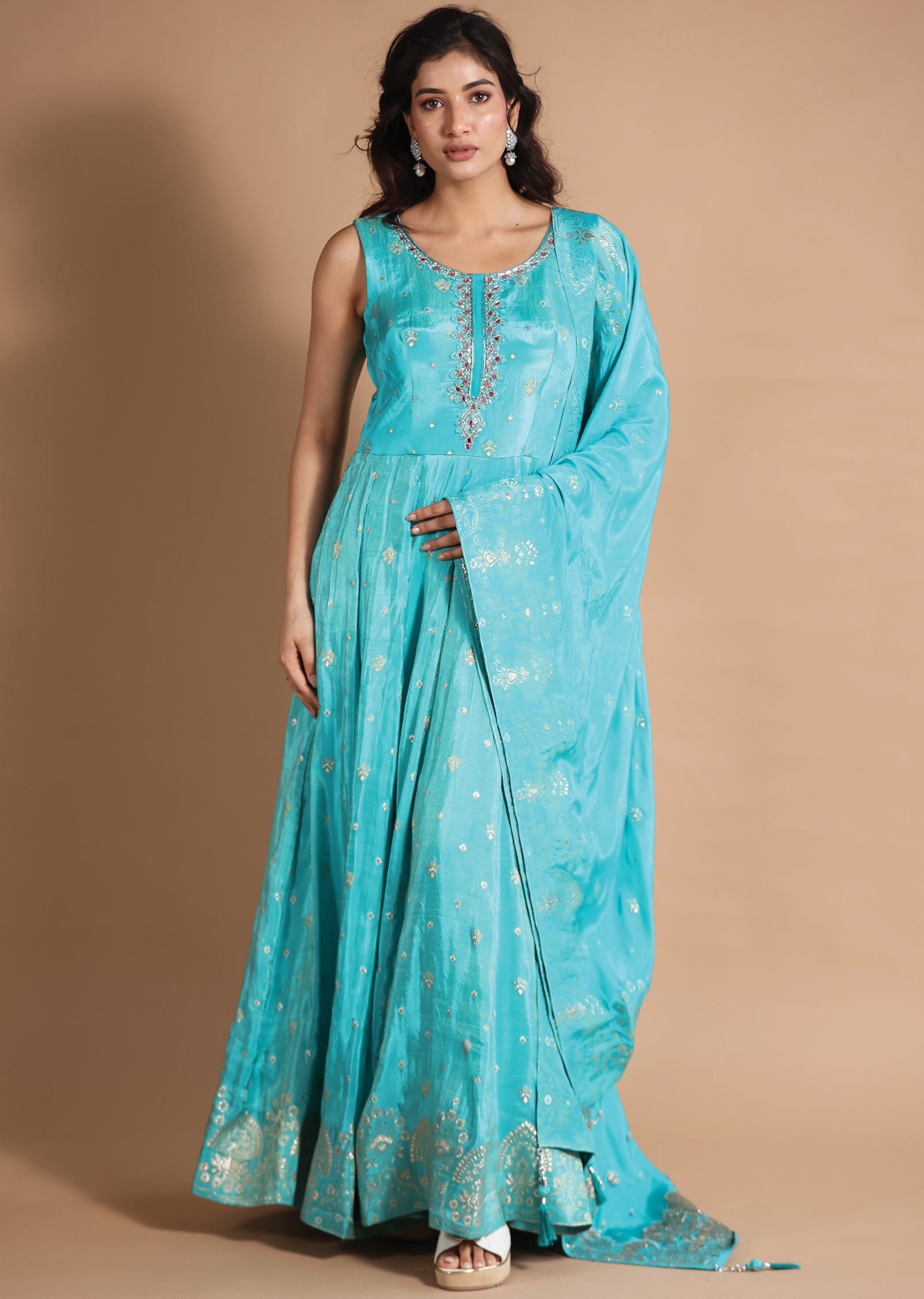 Light Blue Banaras Tissue Anarkali