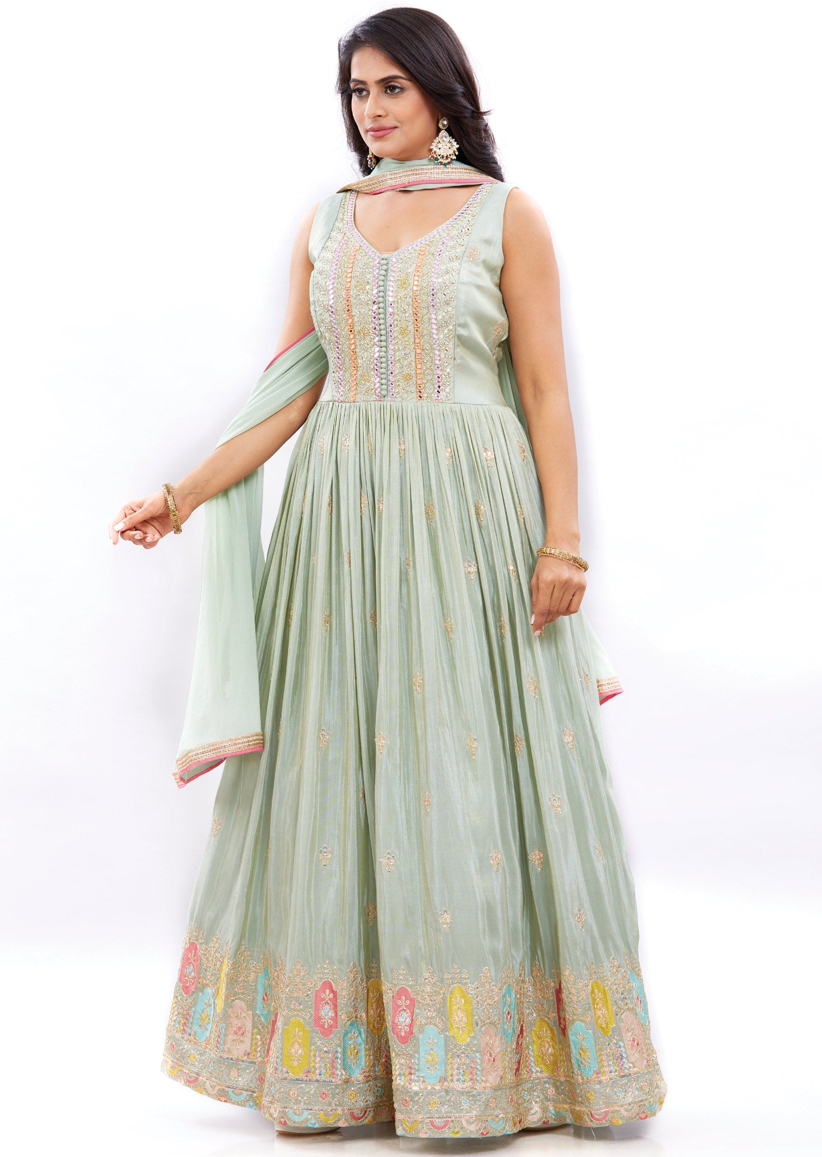 Dusty Green Tissue Anarkali Dress