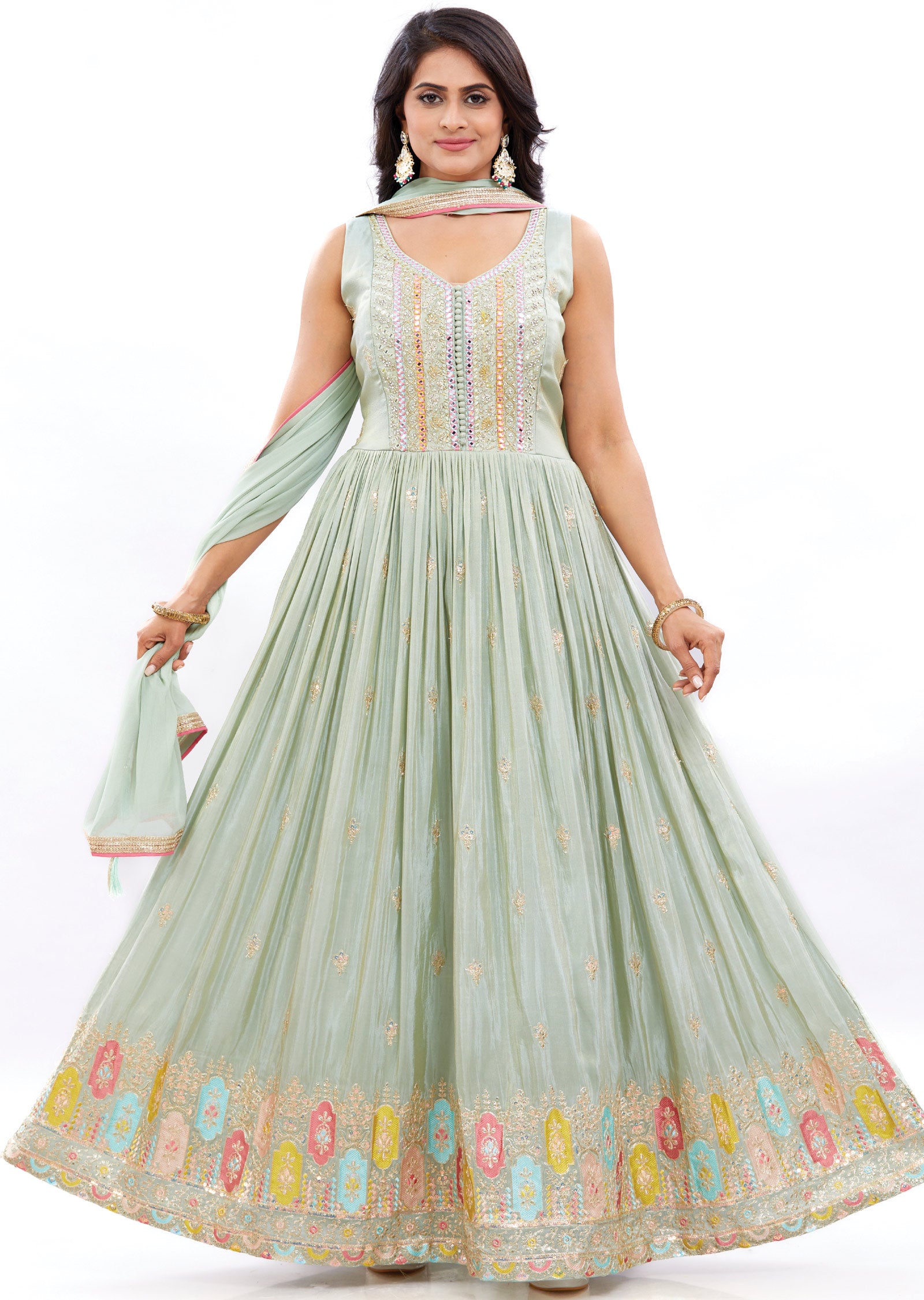 Dusty Green Tissue Anarkali Dress