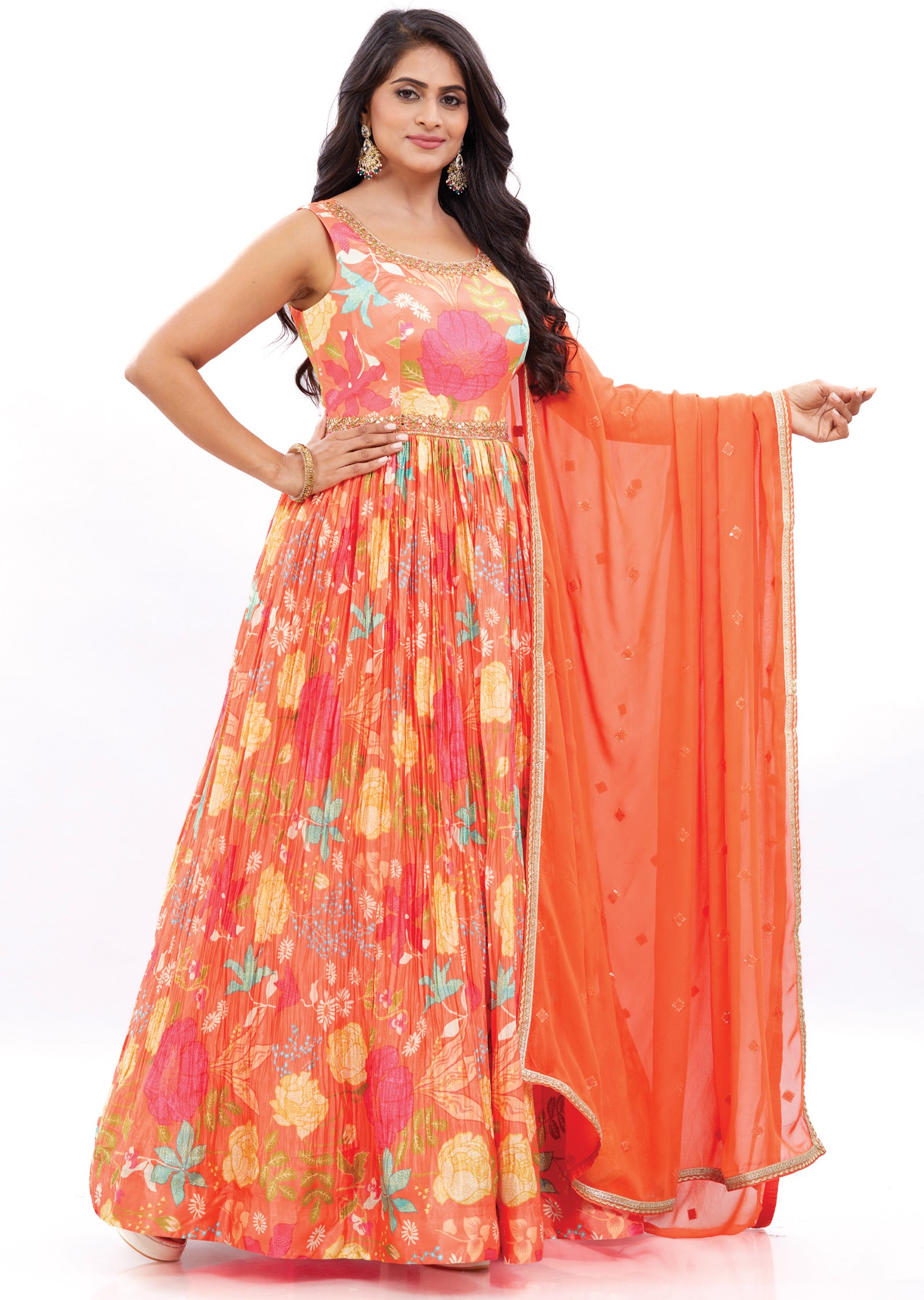 Orange Chinnon Anarkali Suit Set