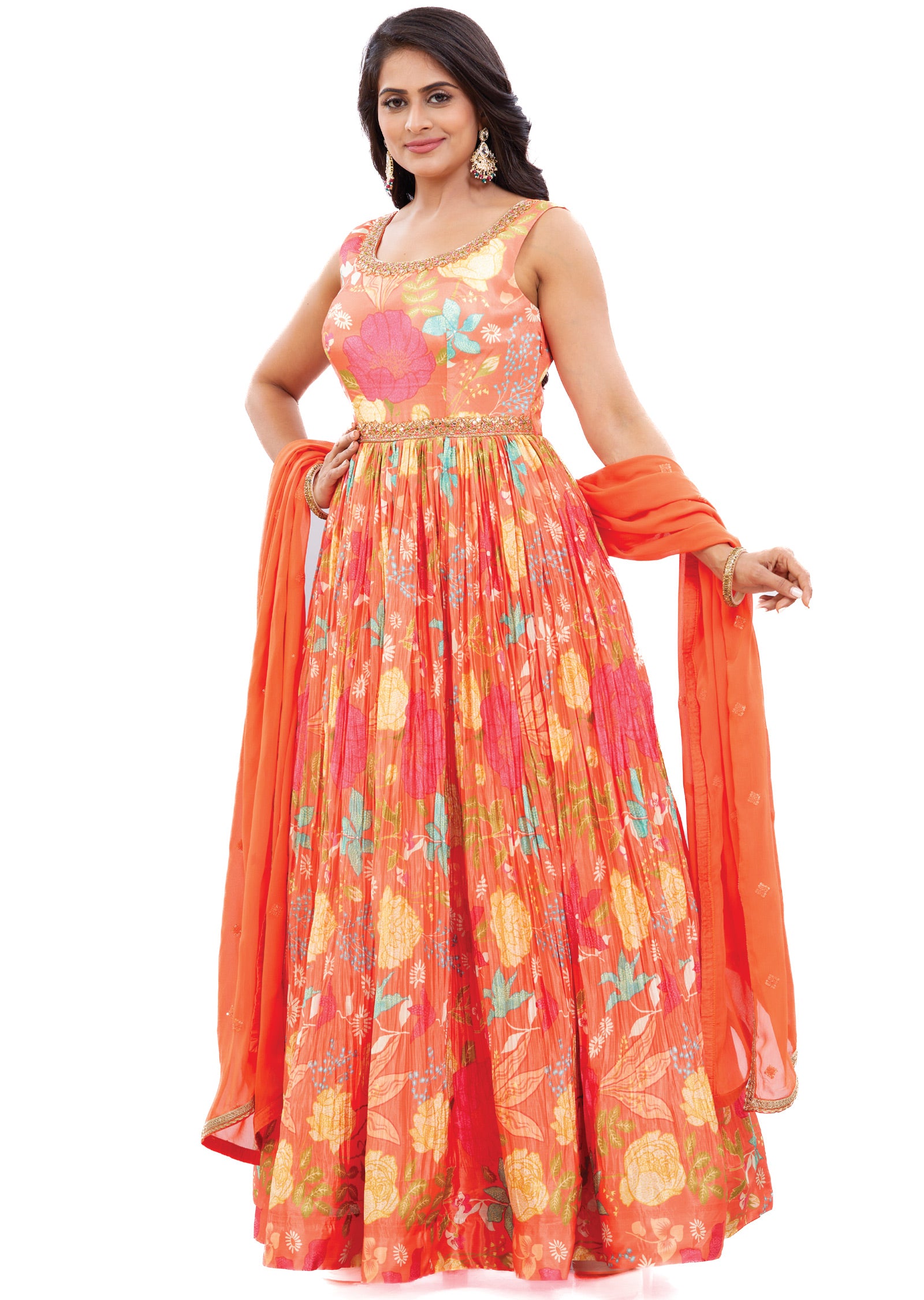 Orange Chinnon Anarkali Suit Set