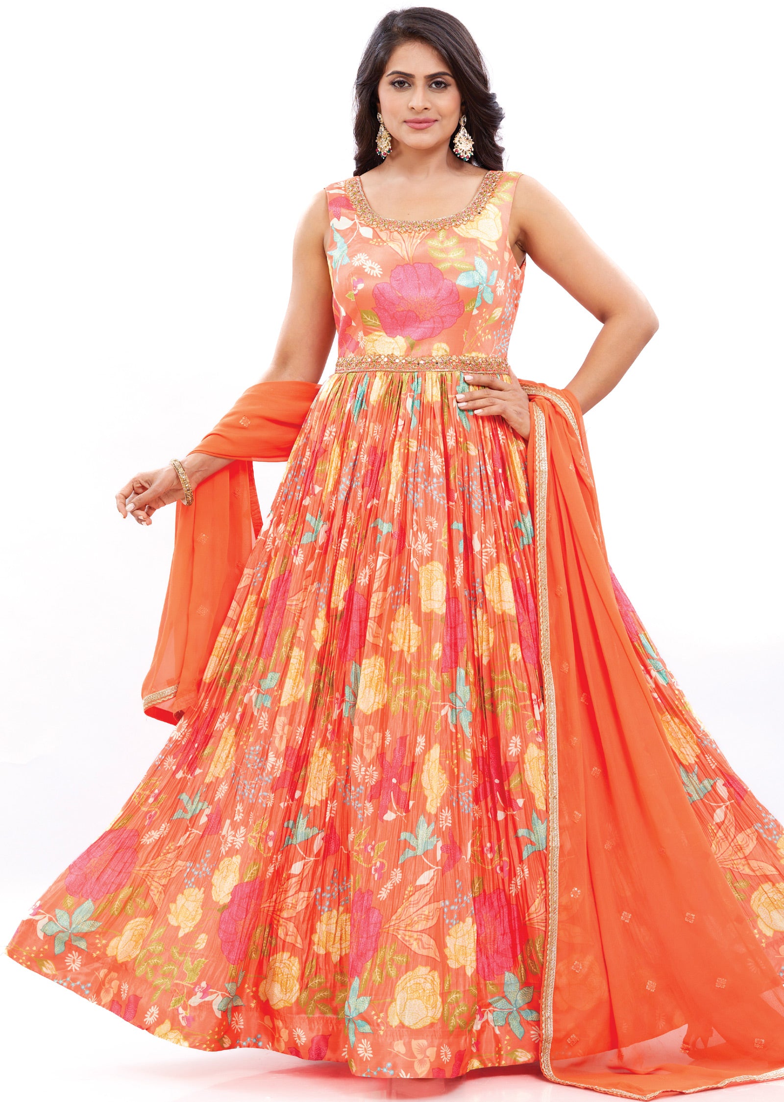 Orange Chinnon Anarkali Suit Set