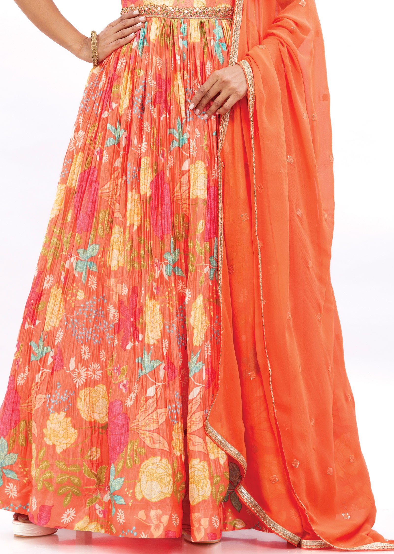 Orange Chinnon Anarkali Suit Set