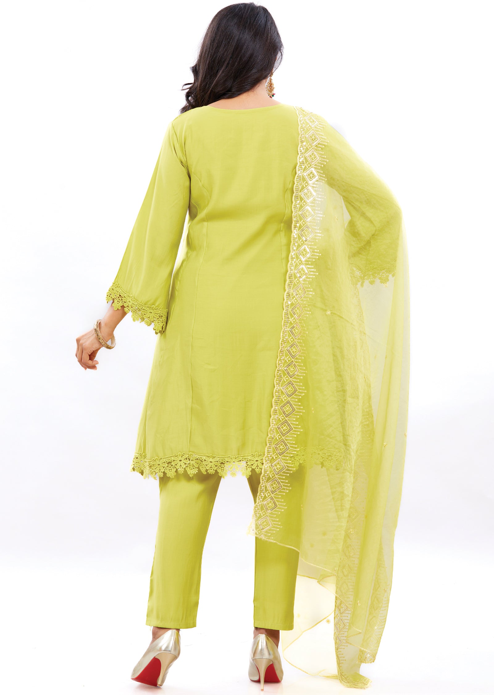 Lime Green Soft Silk Short Anarkali Suit Set