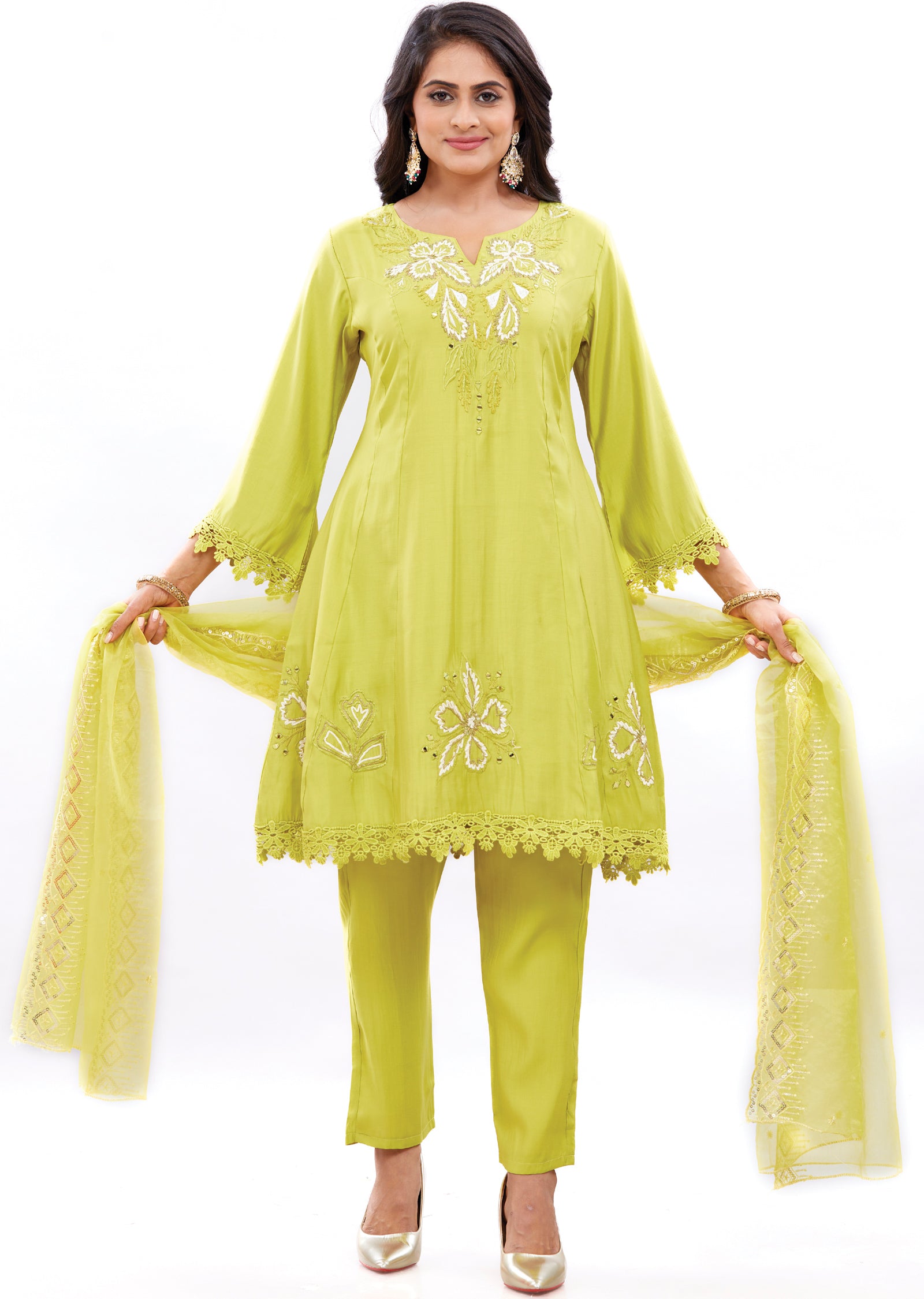 Lime Green Soft Silk Short Anarkali Suit Set