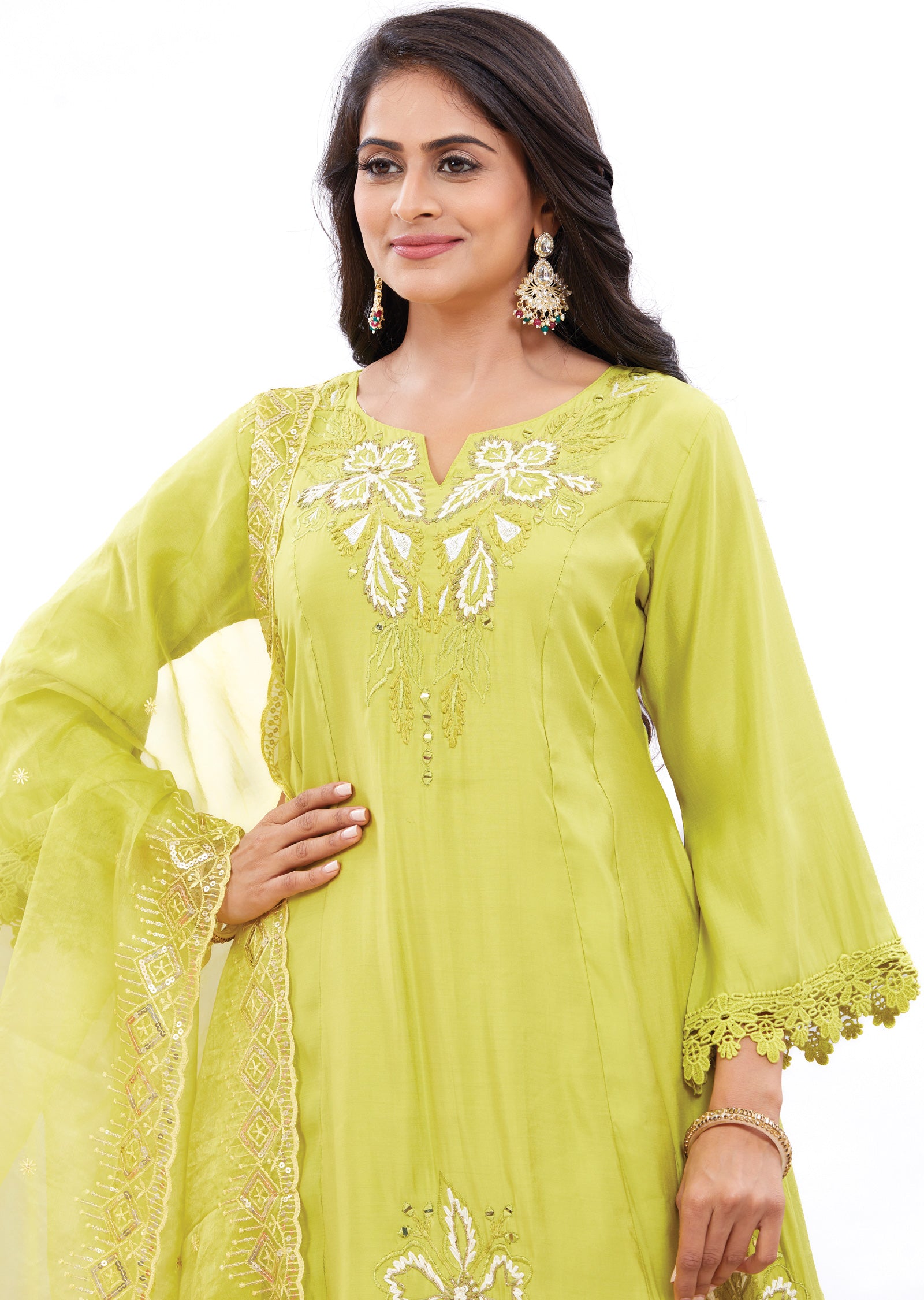 Lime Green Soft Silk Short Anarkali Suit Set