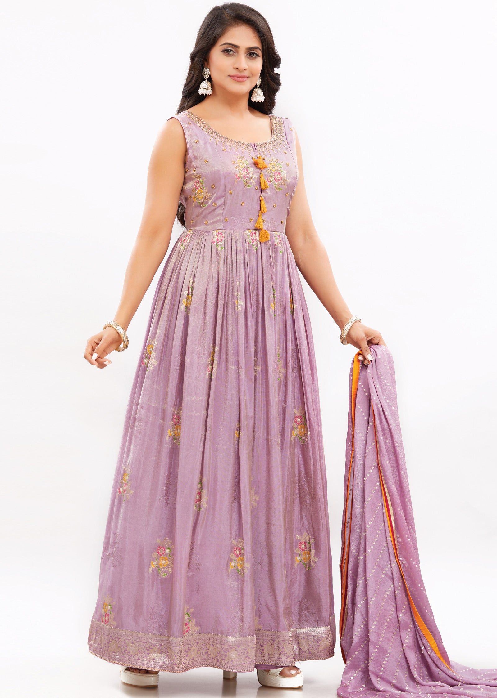 Lavender Banaras Tissue Silk Anarkali Dress