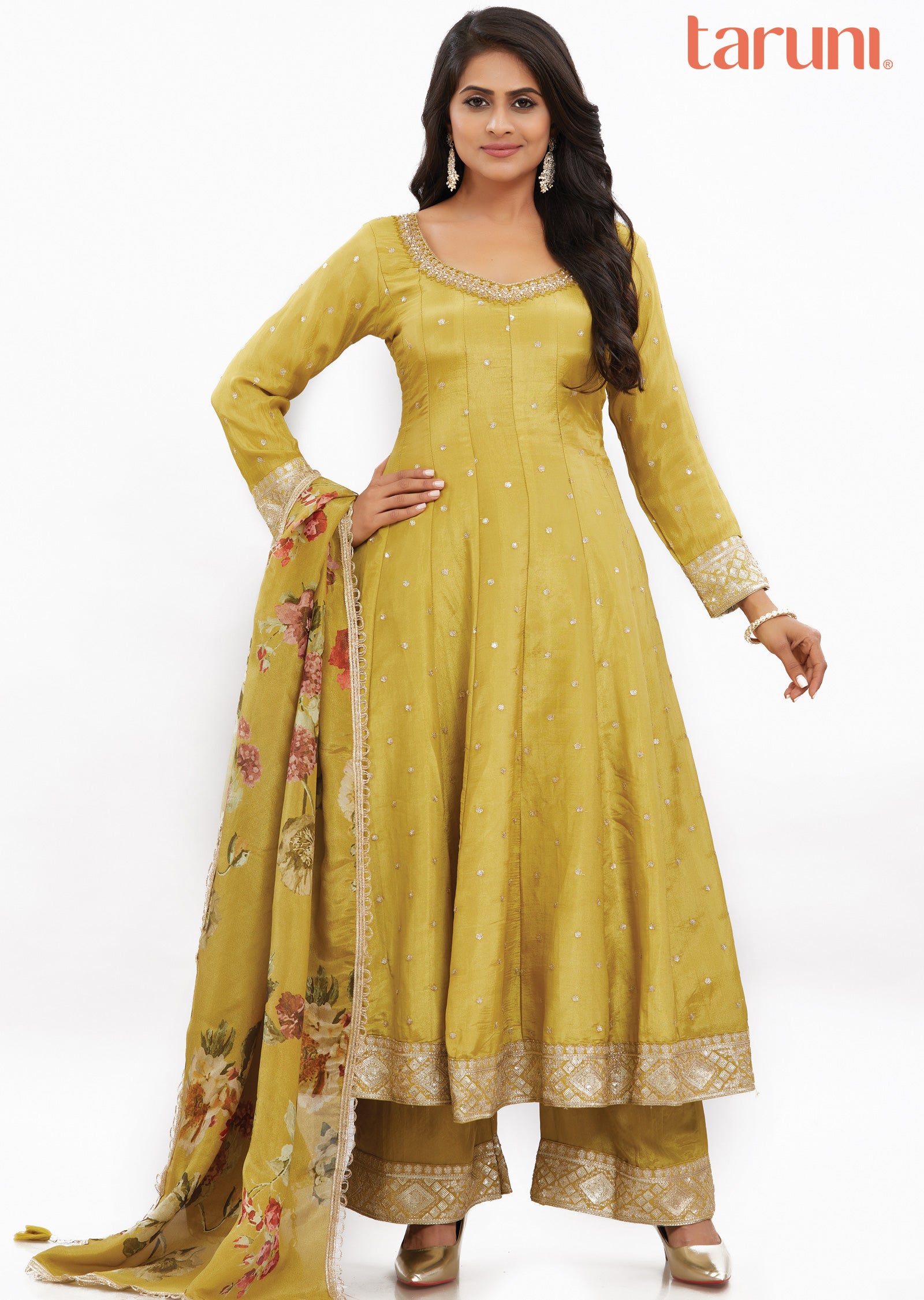 Mustard Tissue Silk Anarkali Suit Set