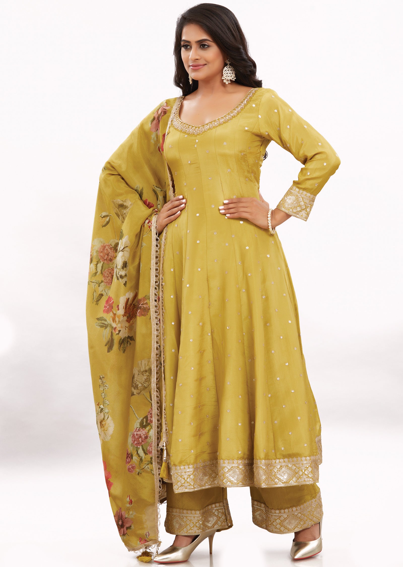 Mustard Tissue Silk Anarkali Suit Set