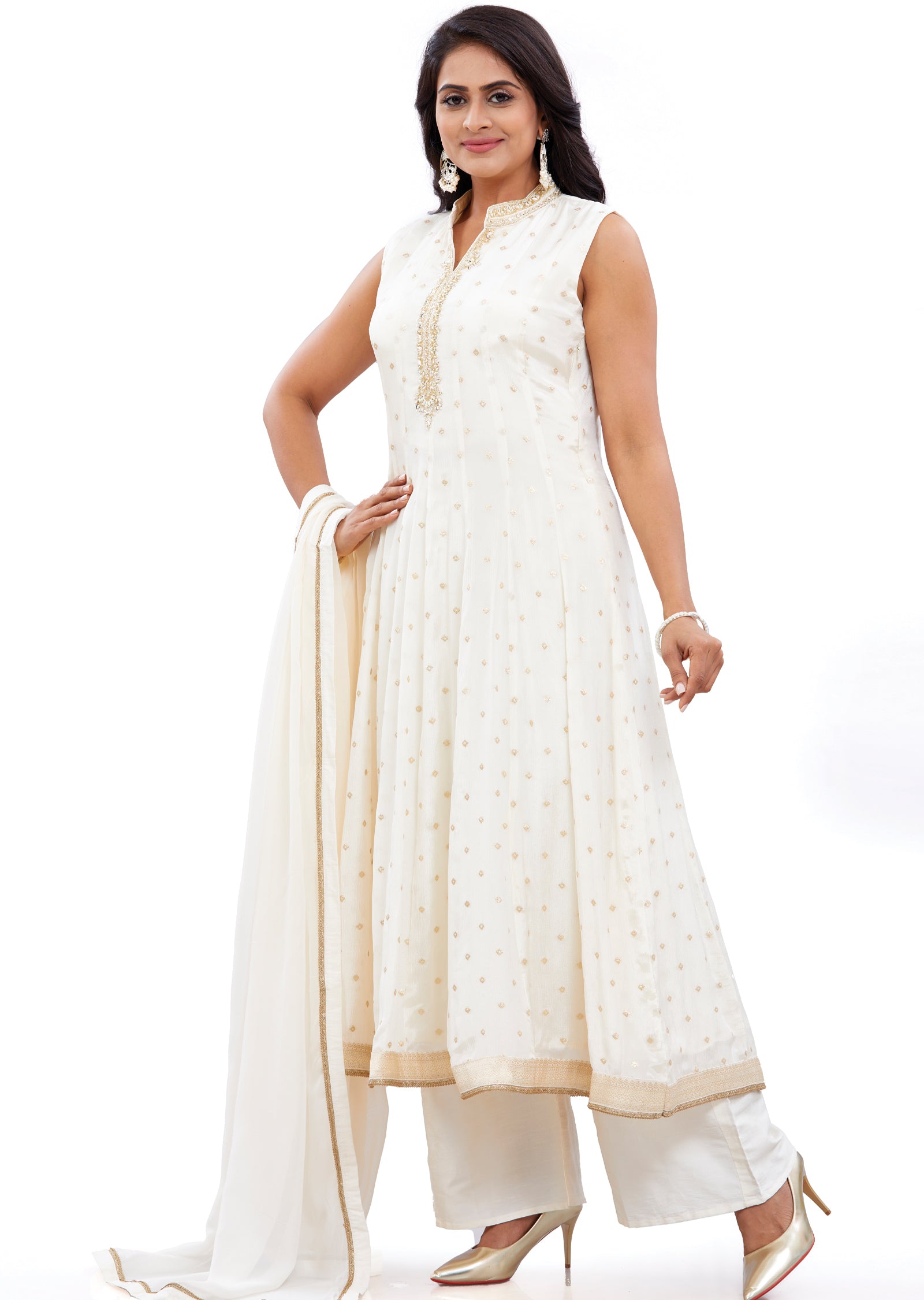 Cream Banaras Chinnon Anarkali Suit