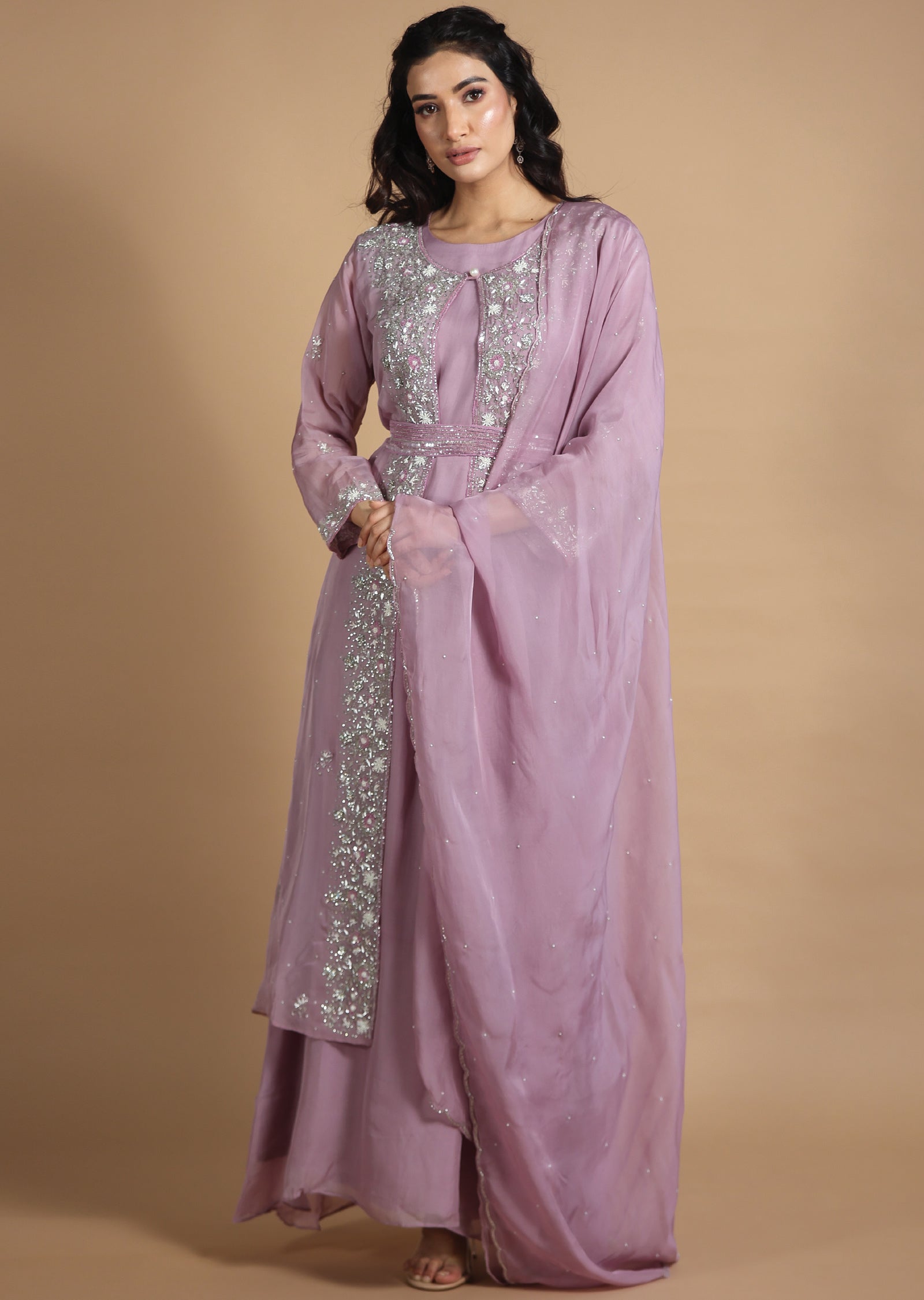 Lavender Organza Anarkali Dress with Long Jacket