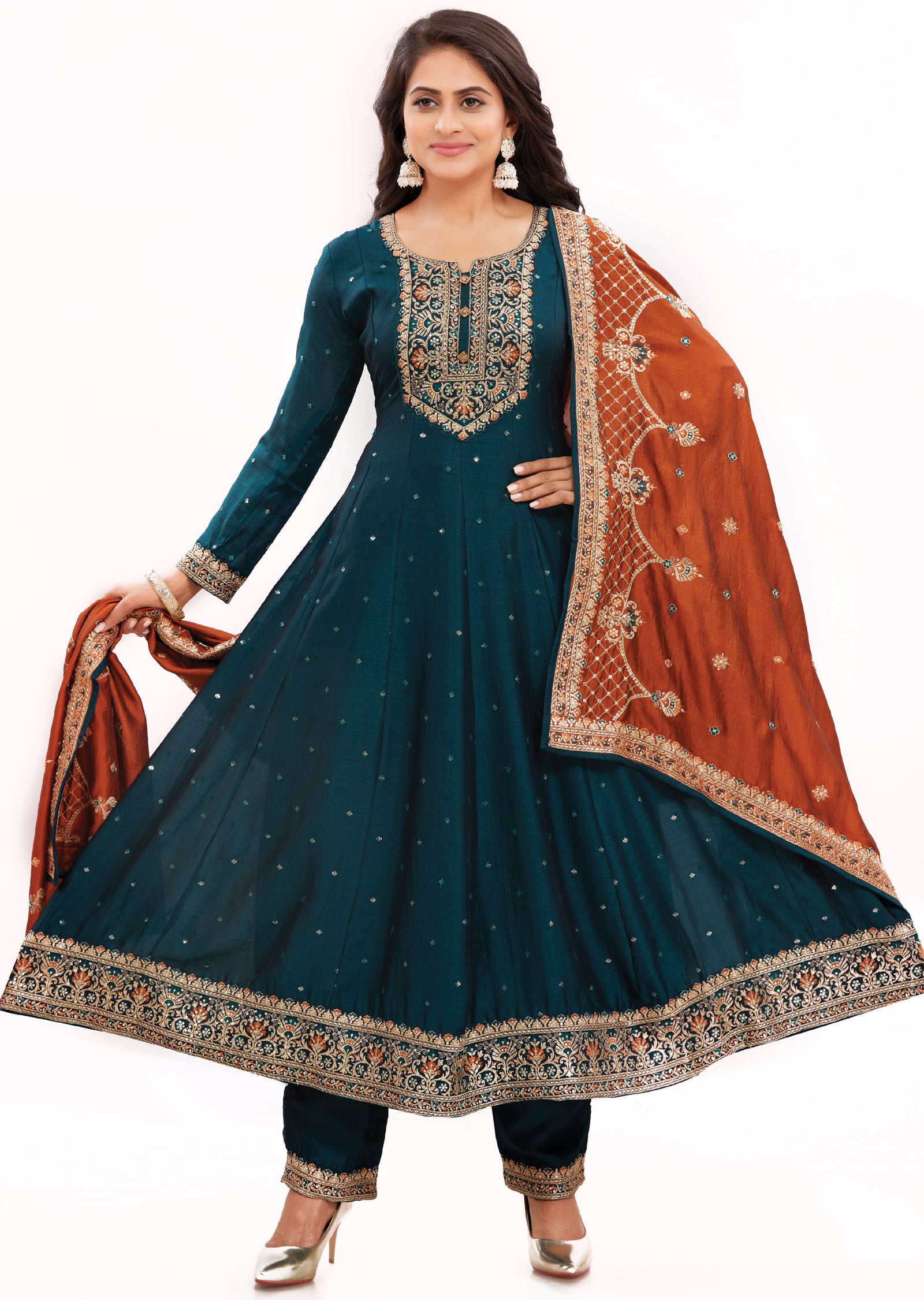 Bottle Green Silk Anarkali Suit with Contrast Dupatta