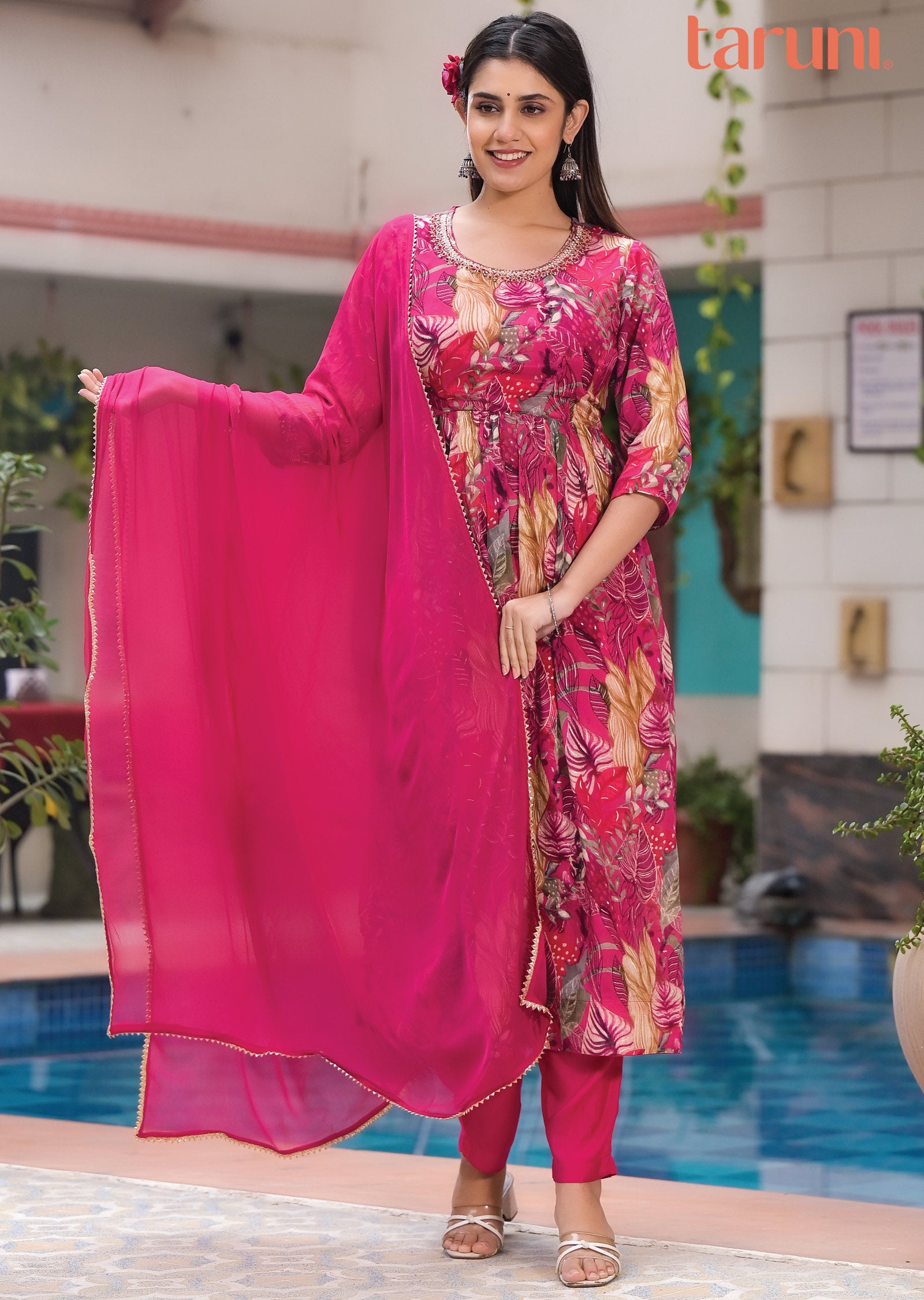 Rani Pink Chinnon Anarkali Suit Set