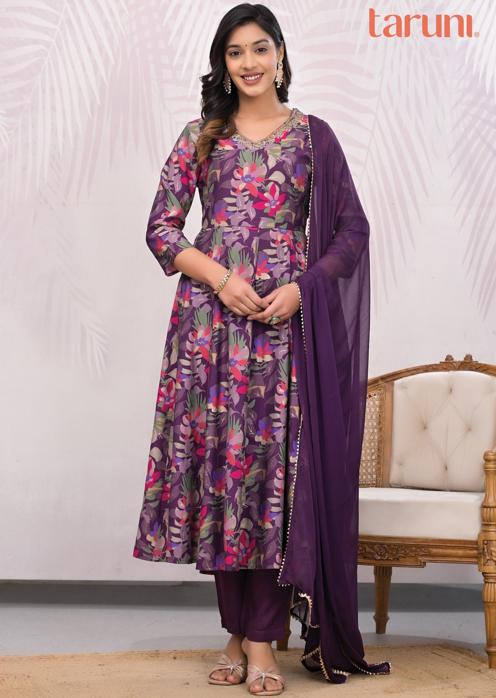 Dusty Wine Muslin Anarkali Suit Set