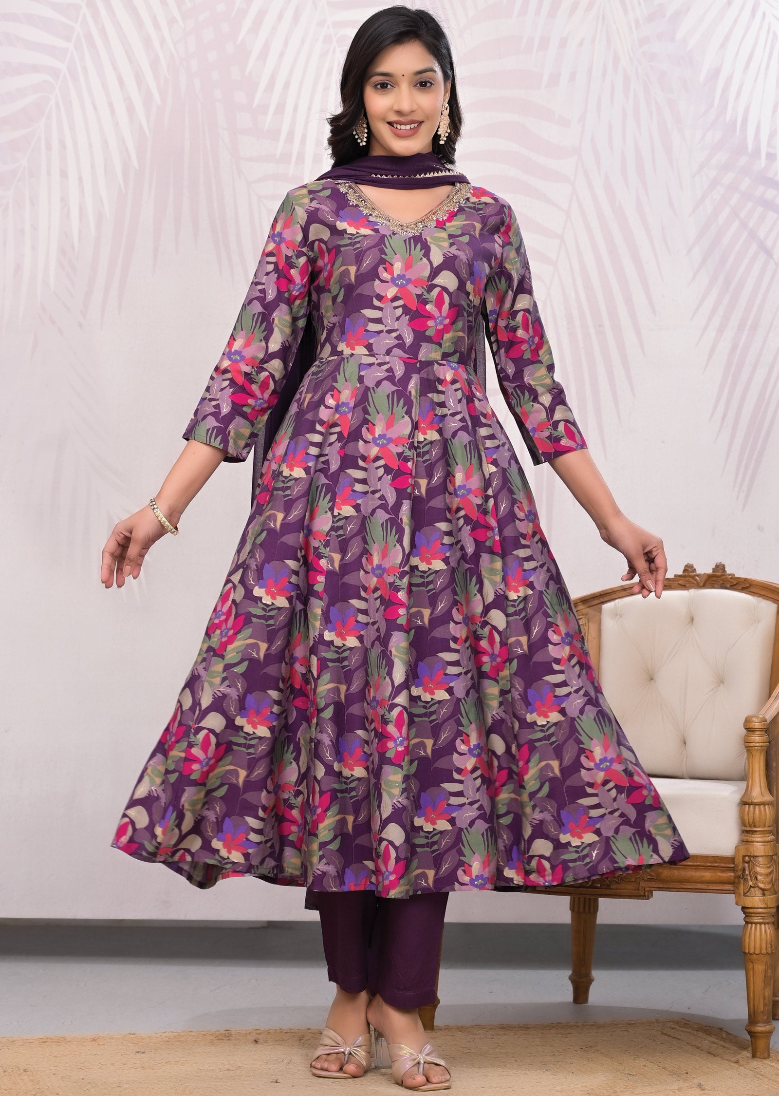 Dusty Wine Muslin Anarkali Suit Set