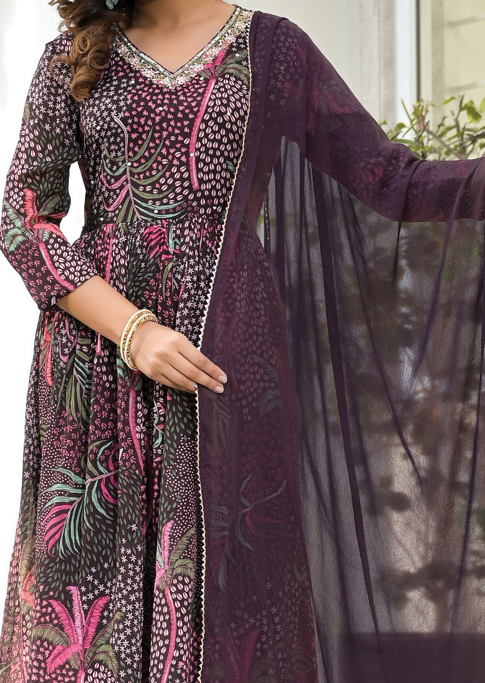 Wine Floral Chinnon Anarkali Suit Set